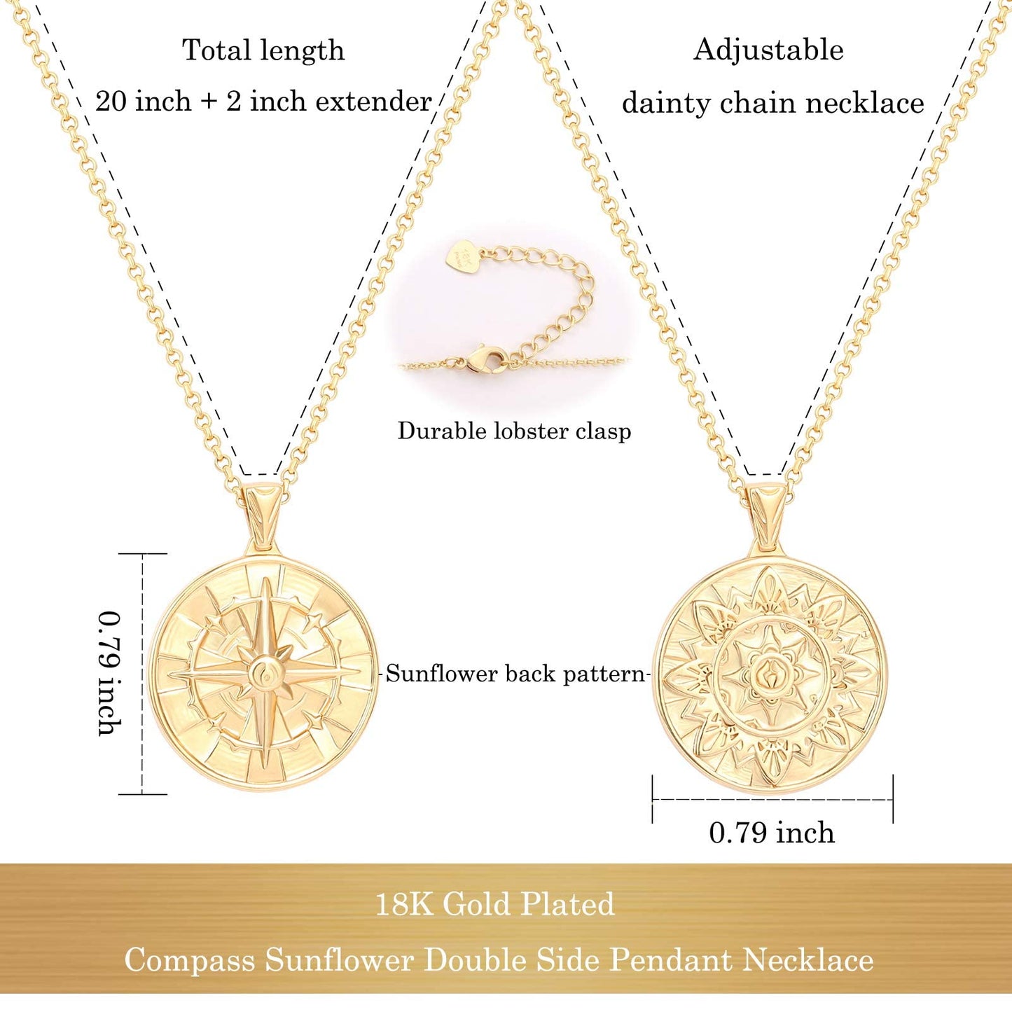 CANEVINKA 18K Gold Plate Compass Pendant Necklace for Women Dainty Sunflower Coin Necklaces Personalized Chain Layered Jewelry 18”/20”