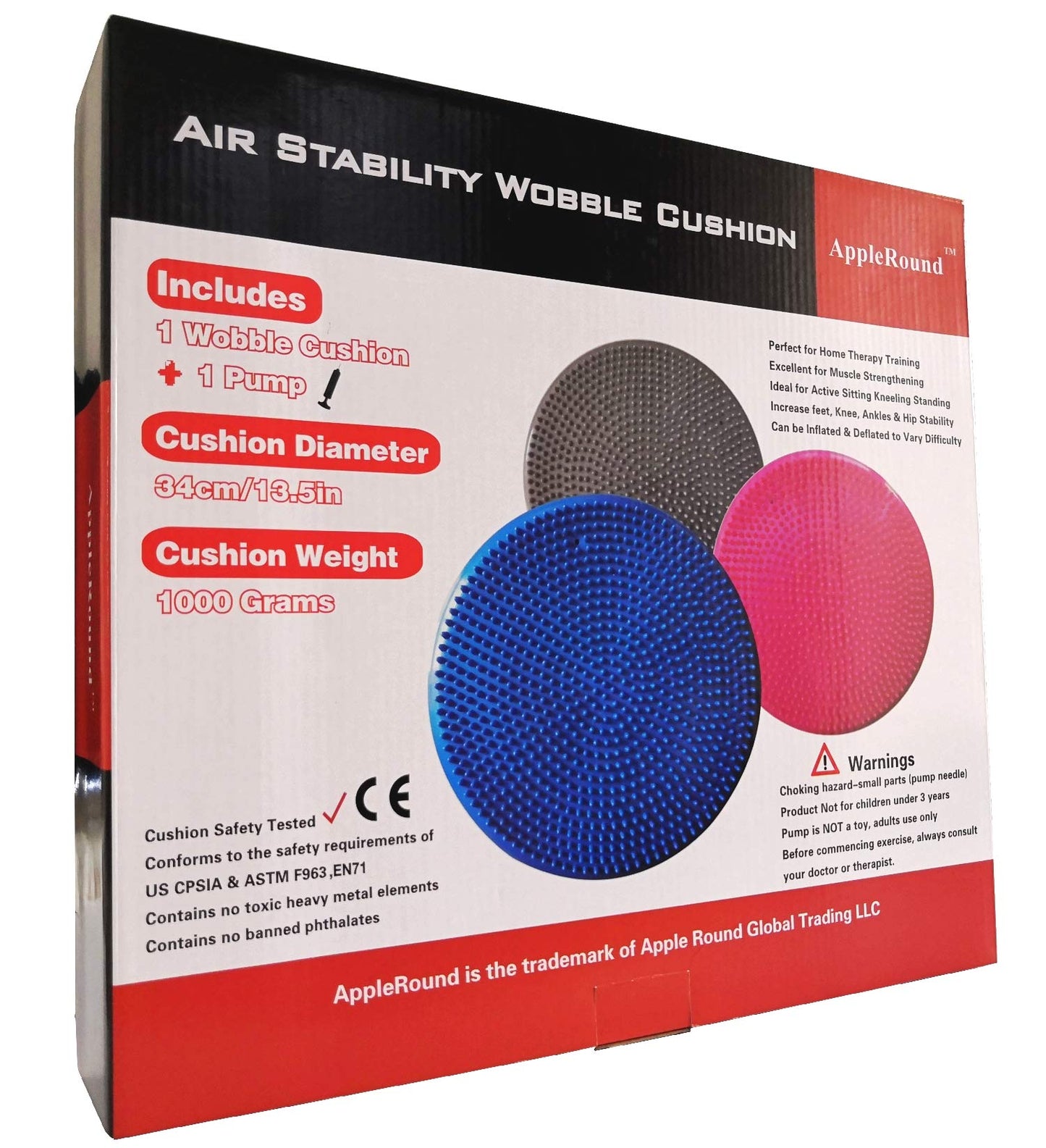 AppleRound Inflated Wobble Cushion with Pump, Air Stability Board, Core Balance Disc for Adults, Sensory Wiggle Seat for Kids, 13.5in / 34cm Diameter
