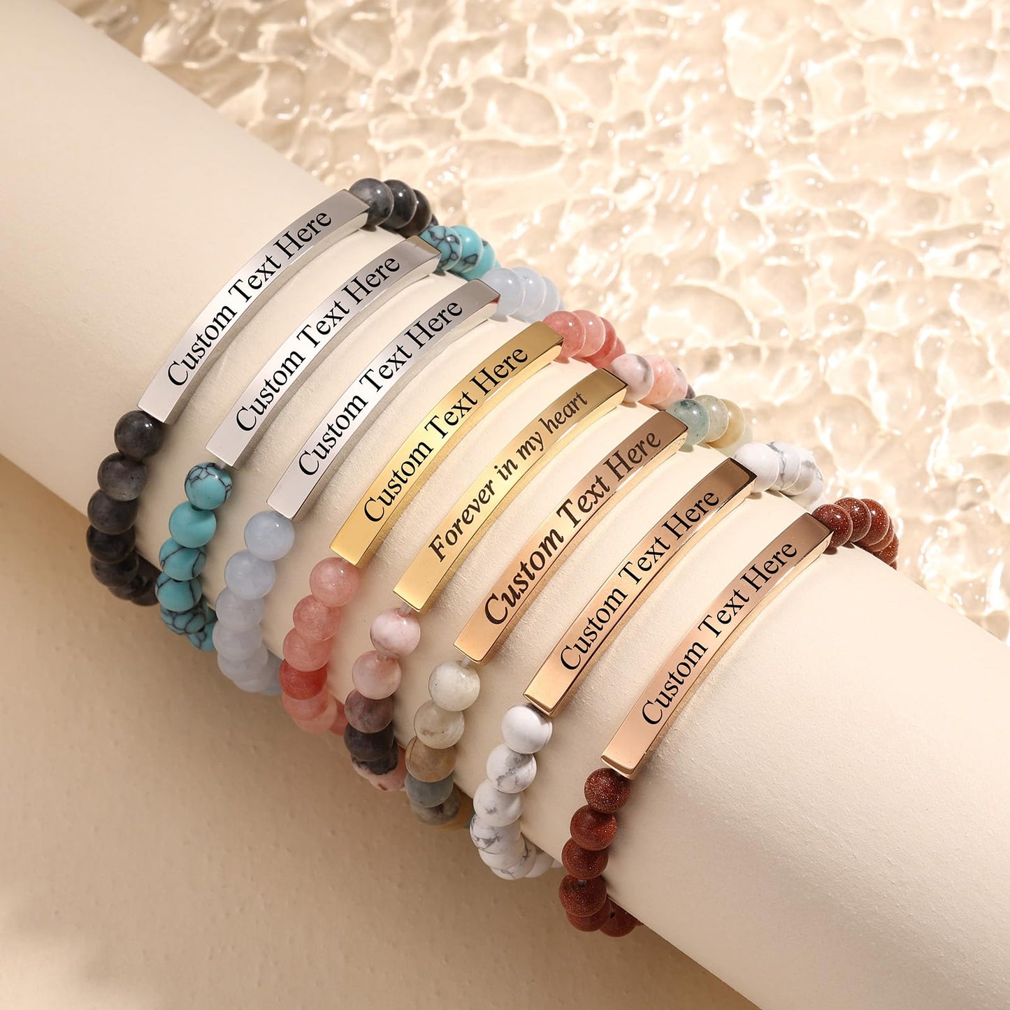 INBLUE Personalized Beaded Bracelets for Women with Engraved Name Natural Stone Stretch Inspirational Bracelet Personalized Jewelry Gift for Mom Wife Friends - Style 04