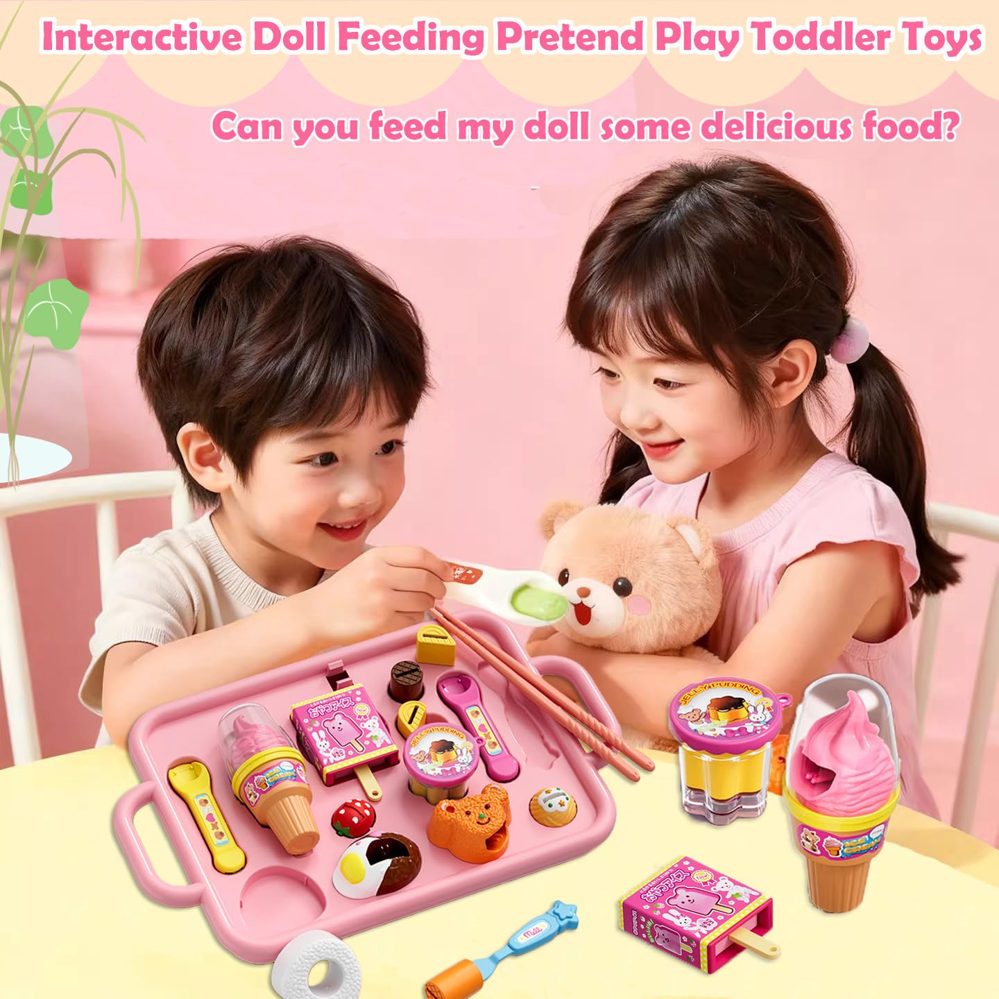 Pudding Ice Cream Feeding Toys for Dolls,Pretend Play Food Kitchen Accessories, Doll Role Play Girl Gifts Toys (Pink)