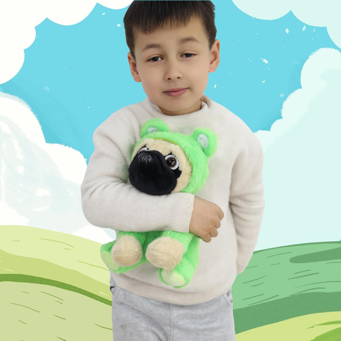 CASAGOOD Pug Frog Stuffed Animal Dog Wearing Frog Costume Plushies Pug Puppy Dressed as Green Froggy Funny Plush Toys Stuffed Puppy Animals for Kids and Lovers 12 Inch