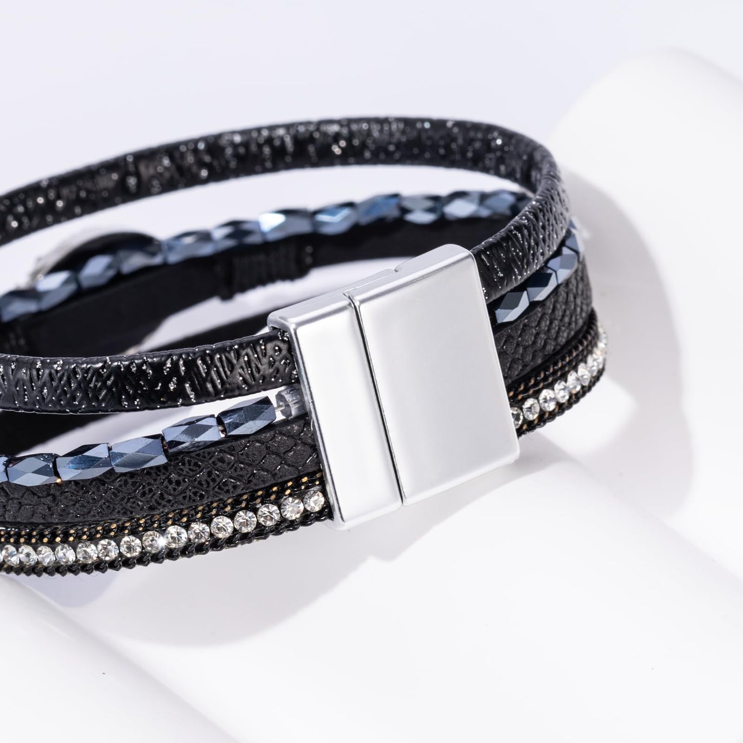 Becklynn Boho Leather Wrap Bracelets Beaded Crystal Stackable Cuff Bracelet with Magnetic Clasp Cowboy Cowgirl County Concert Outfits Western Jewelry Gifts for Women(Stone Black)