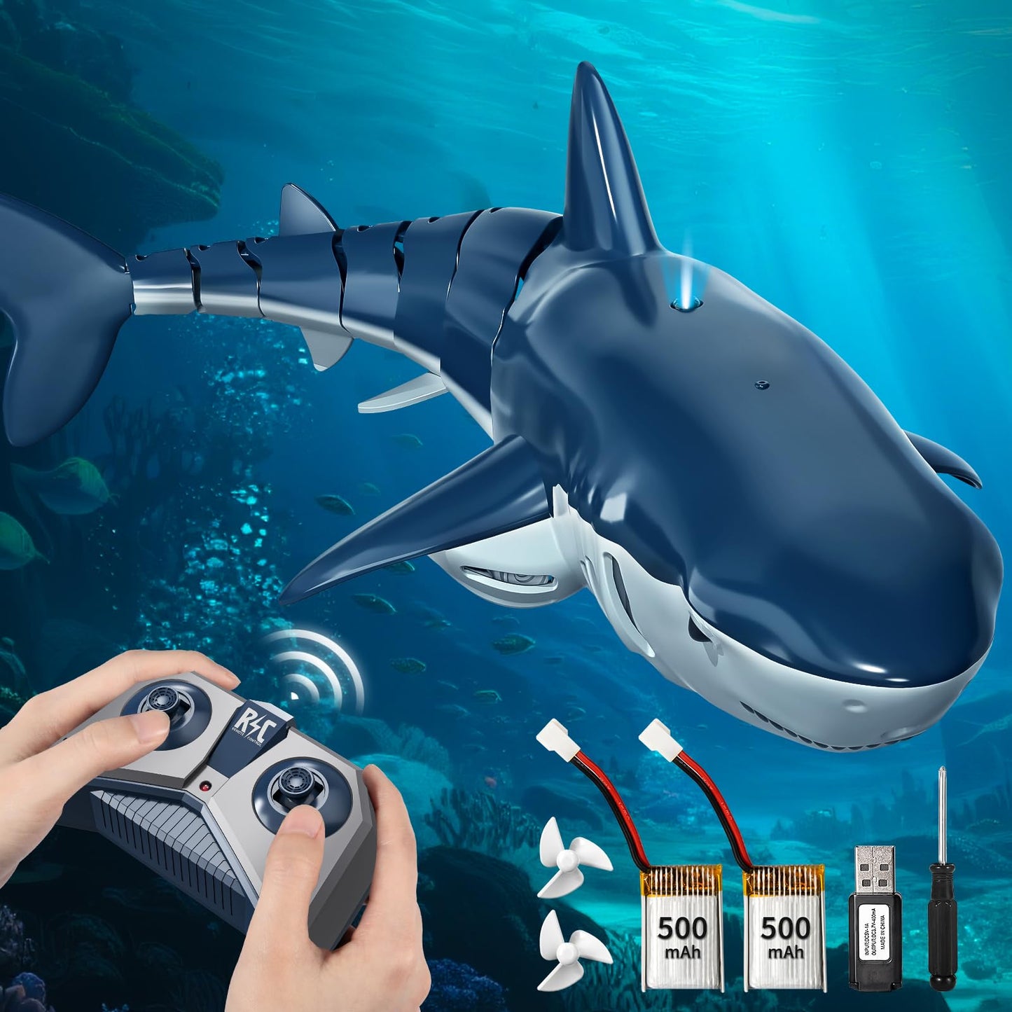 TEMI 2.4GHz Remote Control Shark Toy for Pool, 1:18 Scale RC Shark with 2 Motors, Water Spraying and Light, Rechargeable Outdoor Pool RC Sharks Gifts Toy for Age 3-9 Year olds Kid Boys Girls