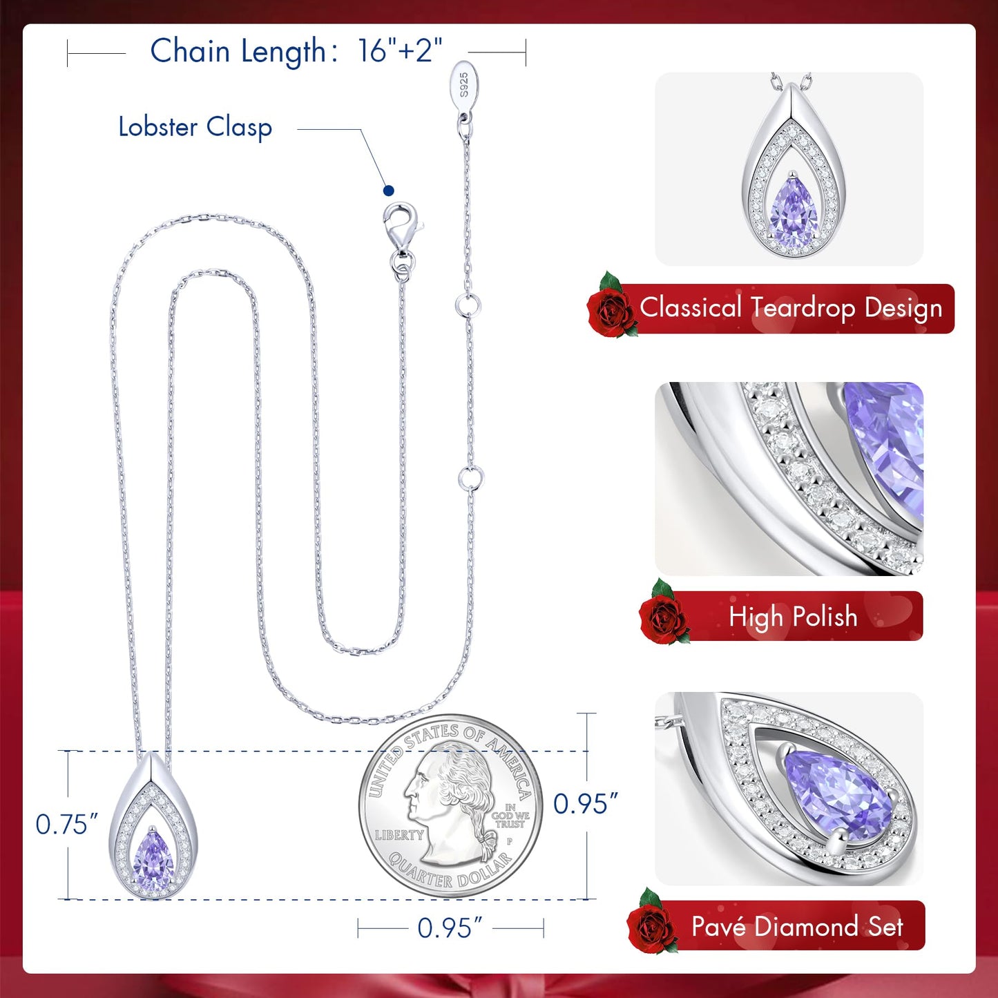 Kstyle 925 Sterling Silver Amethyst February Birthstone Pendant Necklace Teardrop Jewelry Valentine's Day Anniversary Birthday Gift for Wife Girlfriend Mom Sister Non Tarnish