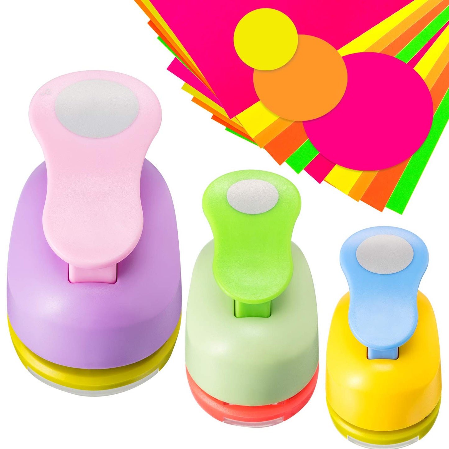Chengu 3 Pack Craft Paper Punch Circle 2, 1 and 5/8 Inch Punch Paper Punchers Round with 10 Pcs Sticker, Cutter Purple Green Yellow for Card Making Scrapbook DIY Albums Photos Office Supplies