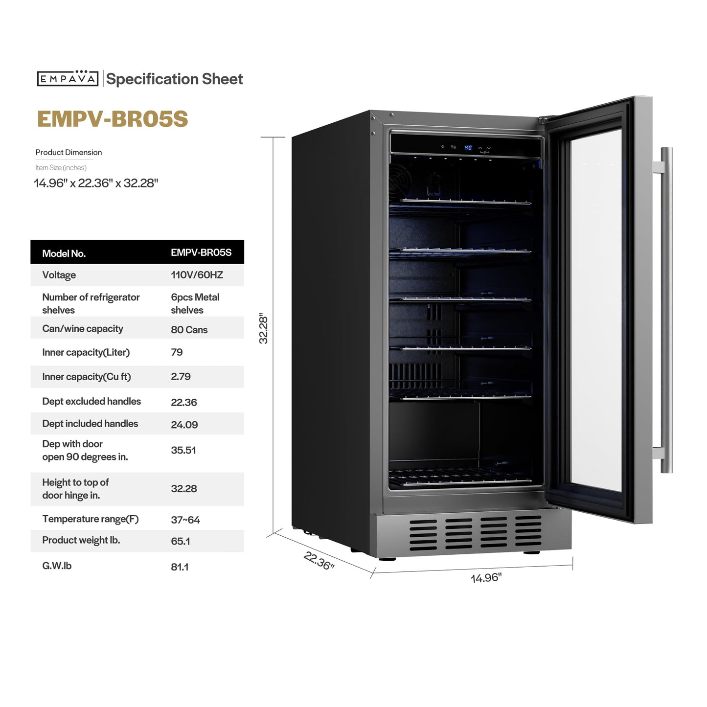 Empava 15 inch Undercounter Beverage Cooler Refrigerator with Glass Door, Freestanding Drink Fridge with LED Light, Touch Control, 80 Cans Capacity