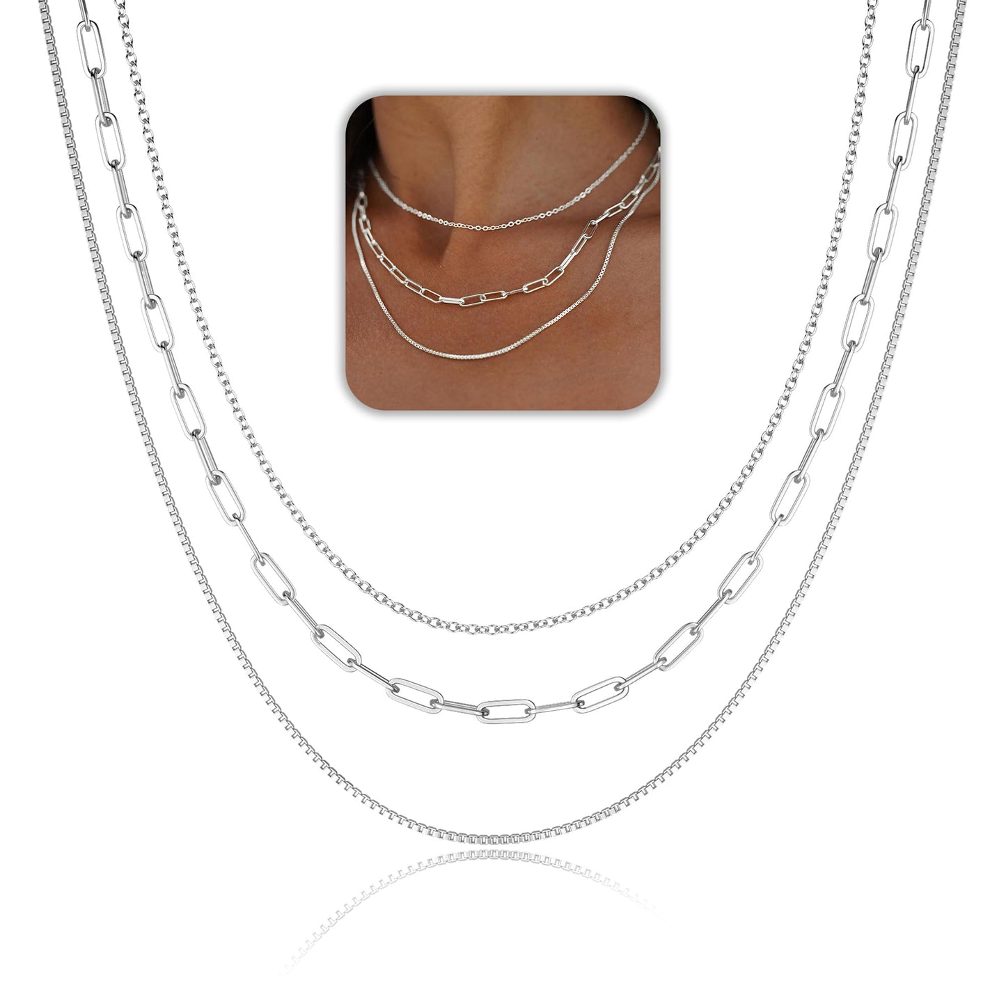 Freekiss Silver Necklace for Women: Layered 14K Silver Plated Necklaces Simple Dainty Paperclip Chain Necklace Set Chunky Choker Necklace Silver Jewelry for Women Gifts