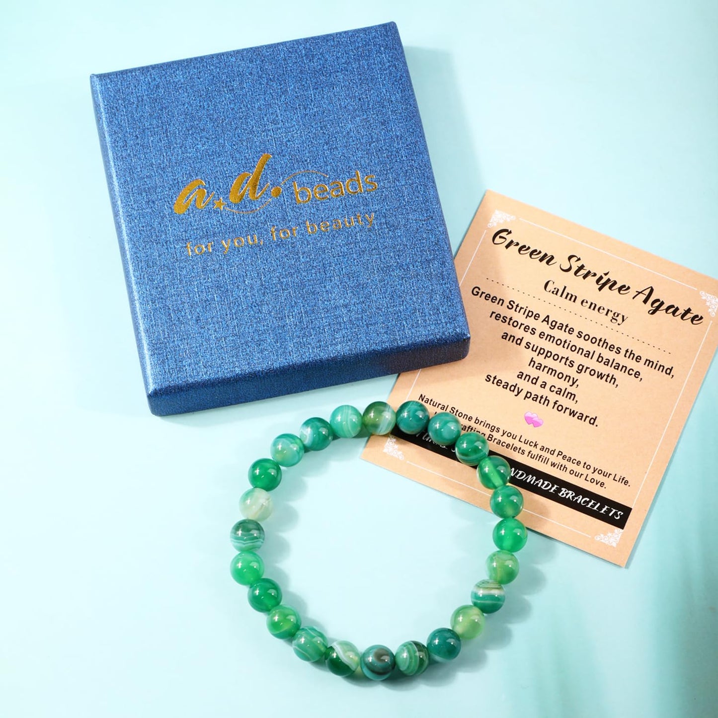 AD Beads 6mm Handmade Green Stripe Agate Elastic Bracelet โ Natural Gemstone for Calm energy โ Meditation, Yoga, Healing and Energy Gift for Men Women