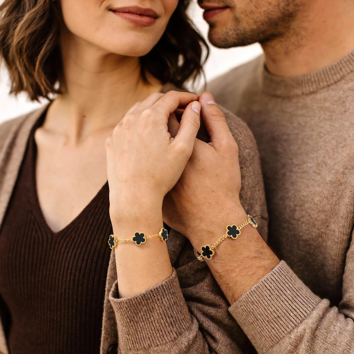 VNOX 2 PCS Floral Bracelets for Men Women -Womens Mens Stainless Steel Gold Cuban Chain Link Bracelet Lucky Charm Four Clover Flower Bracelets Trendy Jewelry Gifts,7