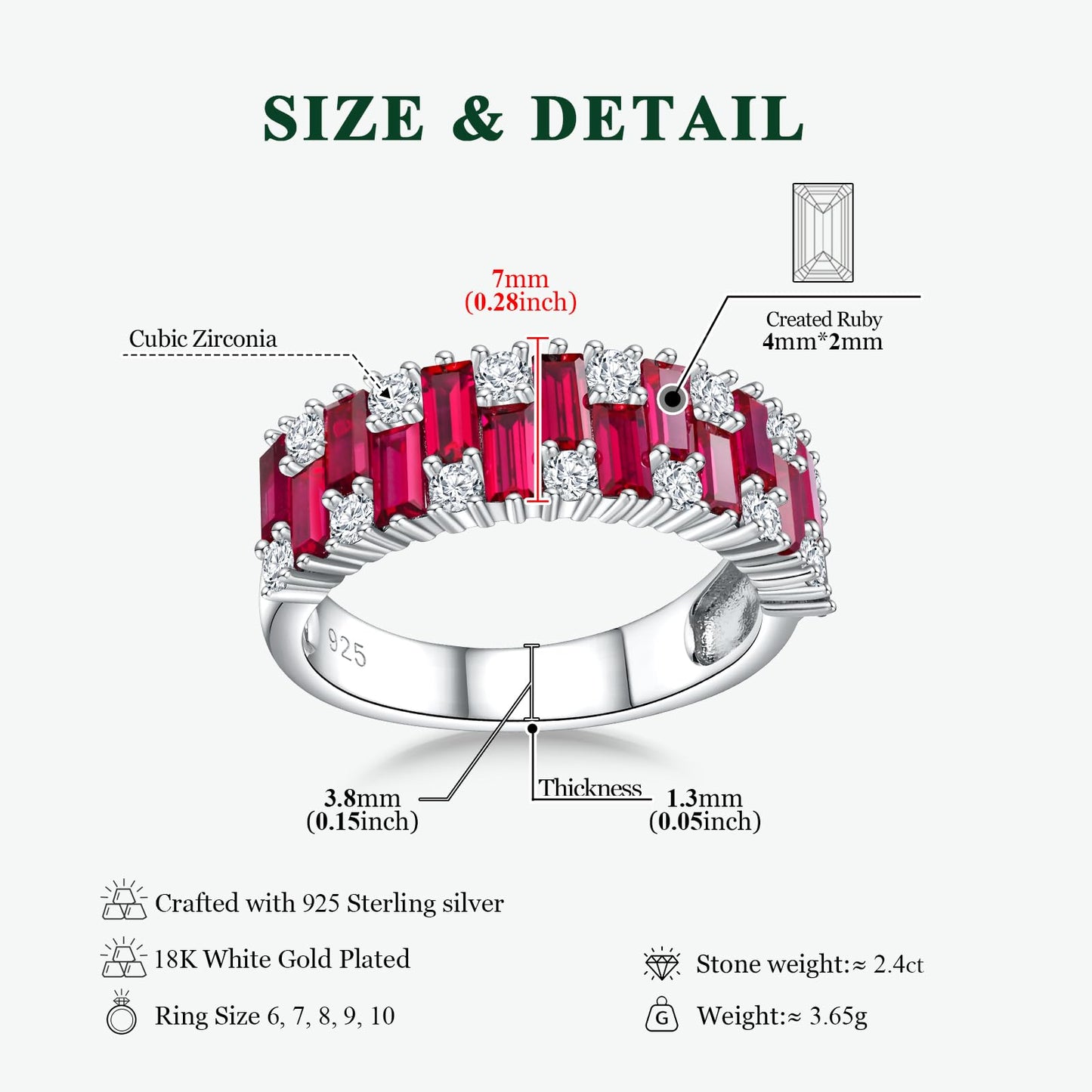 RANDES Cubic Zirconia Wedding Bands 925 Sterling Silver Ruby Rings for Women Emerald Cut Eternity Band Engagement Anniversary Ring Size 7