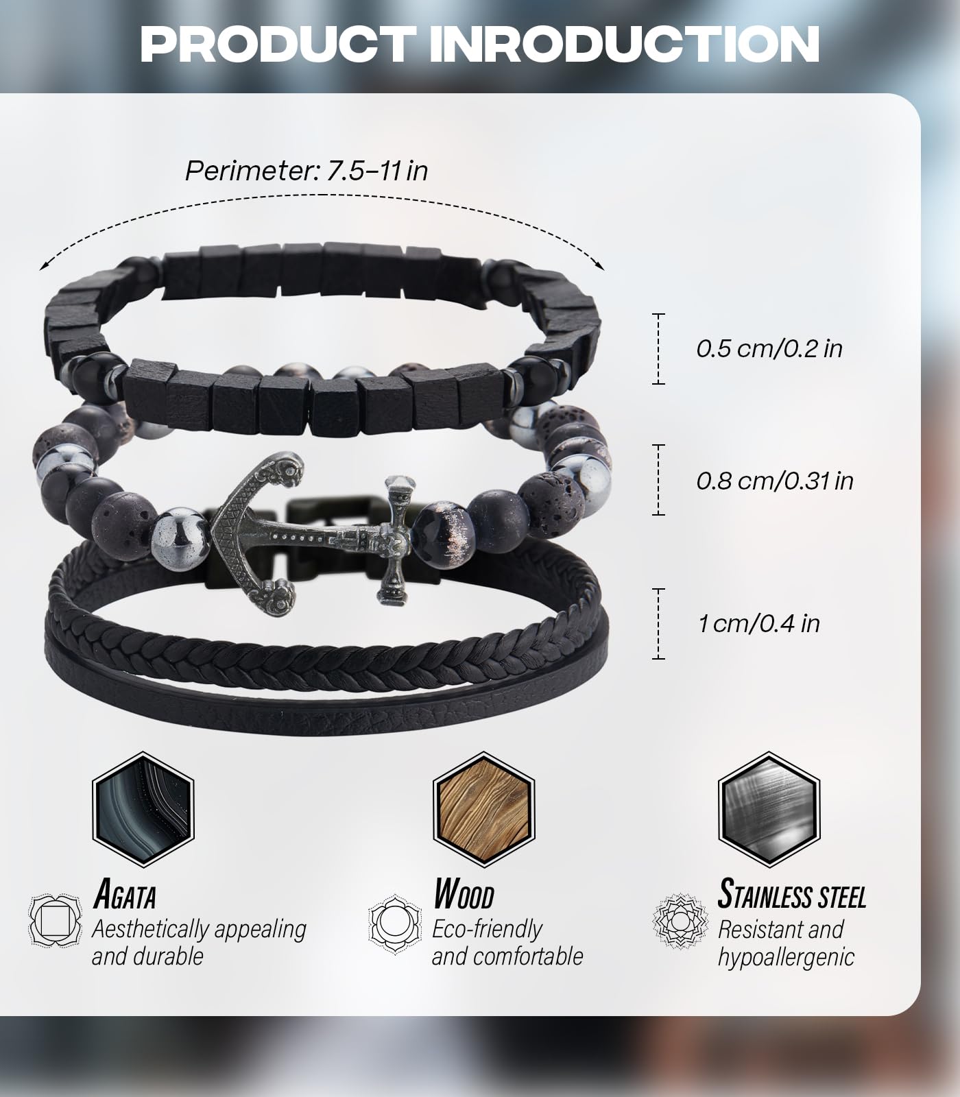 Dazylleco 3pc Mens Beaded Bracelets Silver Stainless Steel Chain Bracelet for Men Handmade Braided Bracelet Sets Jewelry Gifts for Men(89-Black Anchors)