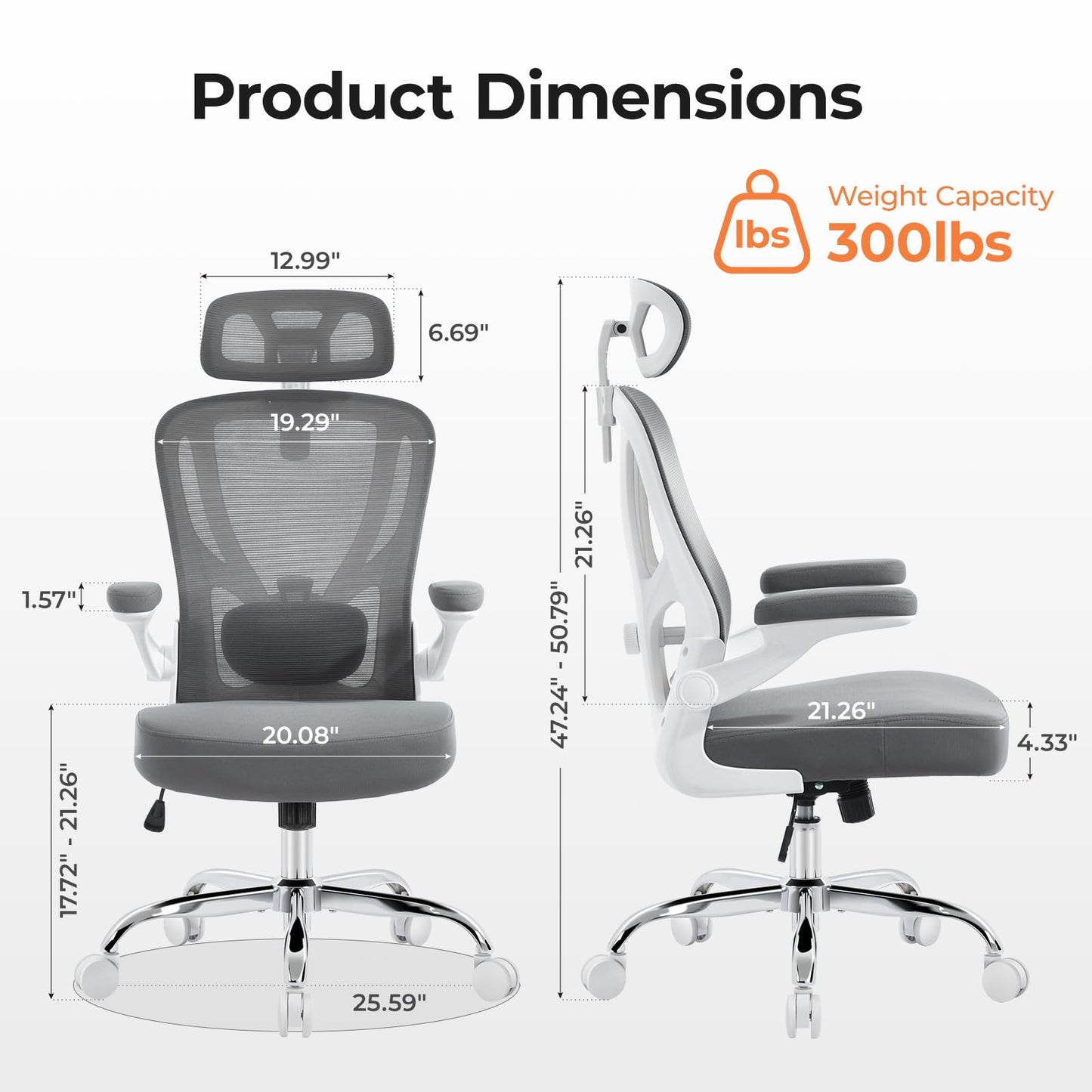 shipborne Office Chair Ergonomic Office Chair with Lumbar Support, Head Support, Rocking Function, FILP-up Armrests, Mesh High Back Chair Home Office Desk Chair, Suitable for Home, Office, Grey