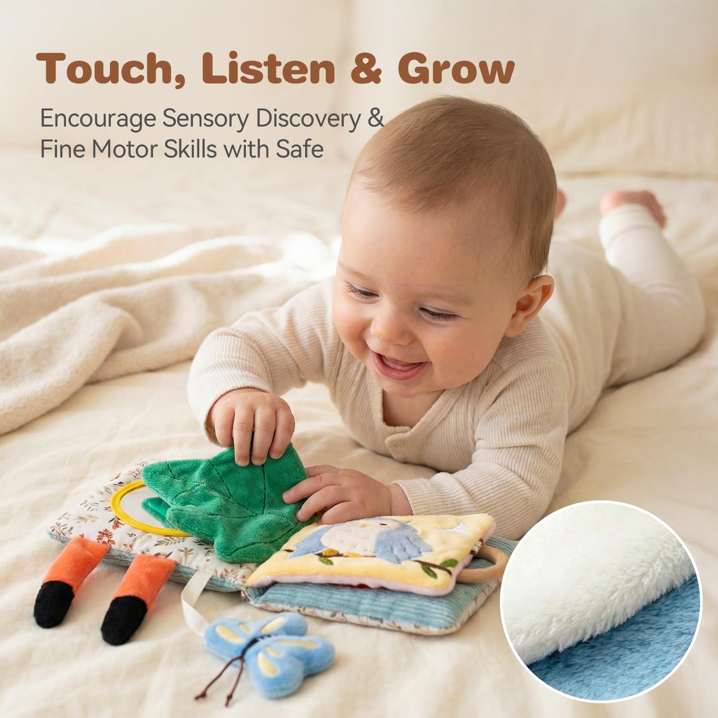 Macabaka Montessori Soft Baby Book - Sensory Book for Babies 0-12 Months with Crinkle Paper, Touch & Feel Textures, Baby Safe Mirror & Teether. Educational Infant Toys for Tummy Time, Newborn