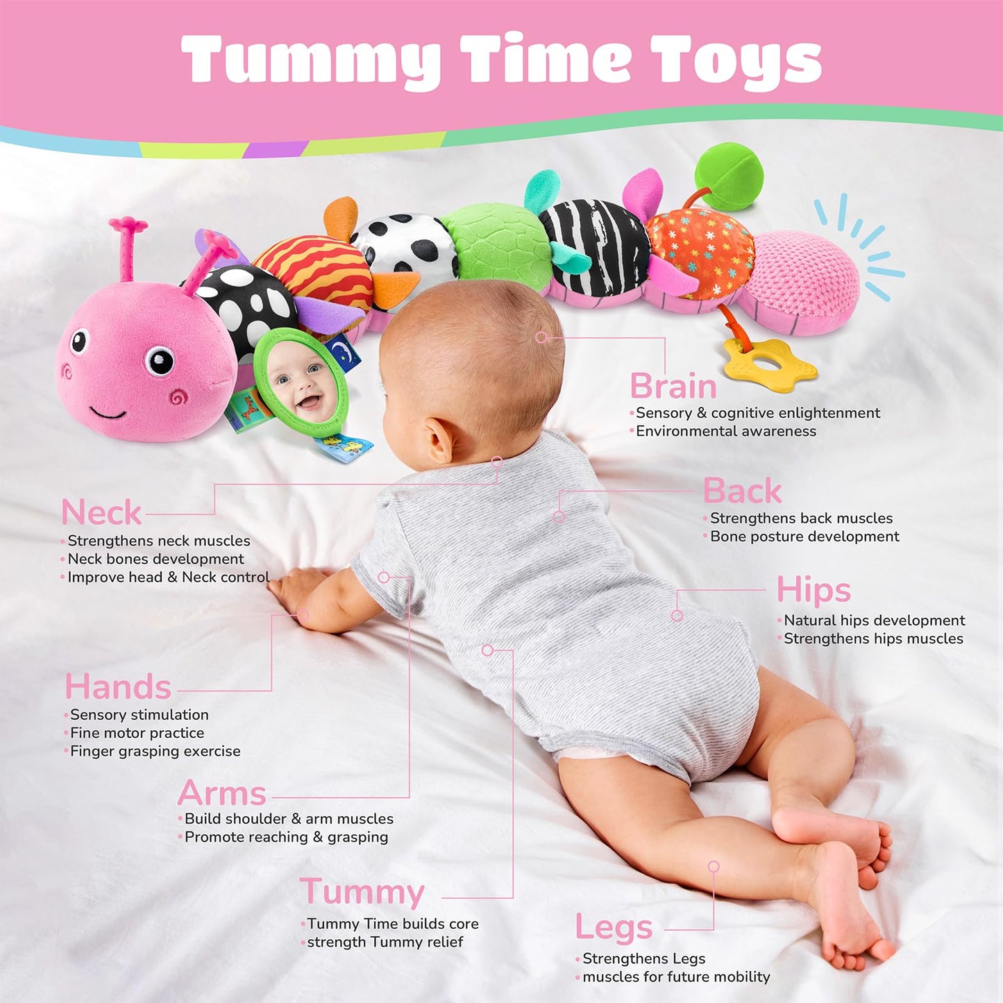 AWOTOY Baby Toys 6-12 Months Music Caterpillar Infant Toys Stuffed Animals 0-3-6 Months Teething Tummy Time Sensory Toys with Mirror Rattle&Pull String Boys Girls Birthday Gifts Easter Basket Stuffer