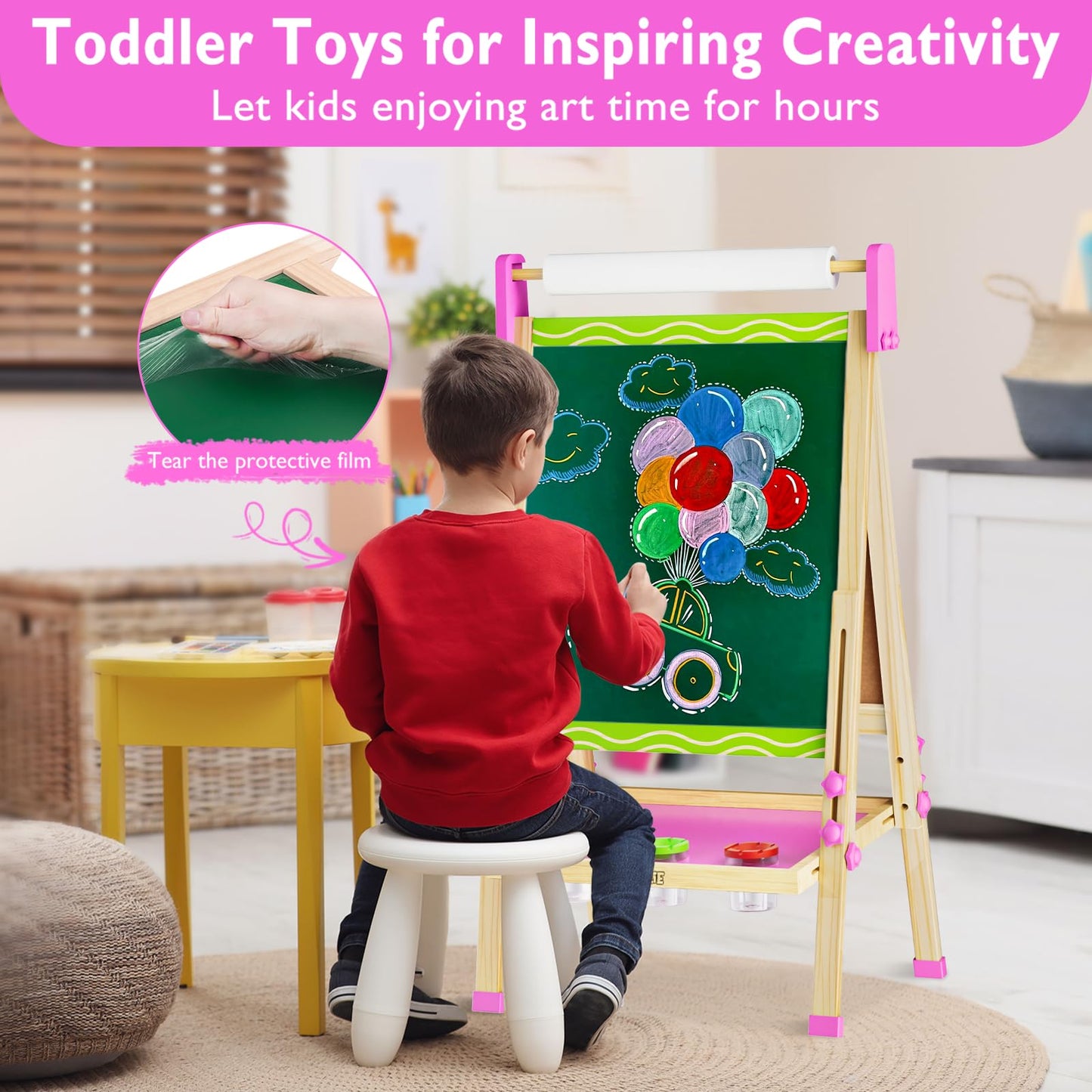 Doselie Easel for Kids,Adjustable Wooden Kids Art Easel with Paper Roll,Double-Sided Magnetic Toddler Easels,Dry Erase Whiteboard and Chalk Board,Toys for 3 4 5 6 7 8 9 10 Year Old Girl Boy Gift