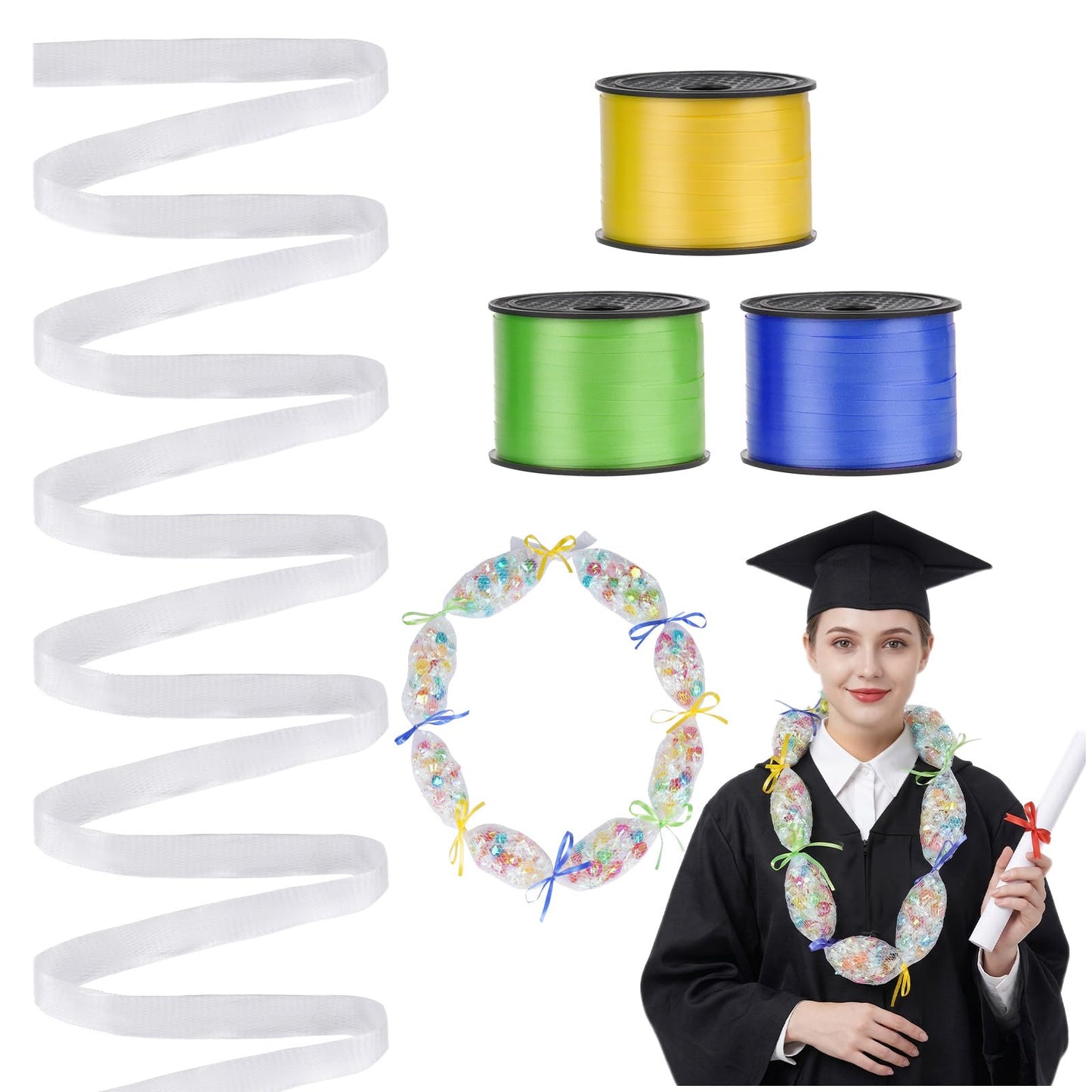 Sucrain 131 FT 2026 Graduation Candy Lei Netting Tubing,1 Roll Clear Graduation DIY Hawaiian Lei Mesh Bags with 3 Colors Ribbon Making Kit for Graduation Party Lei Kit DIY Wreaths Wedding Supplies