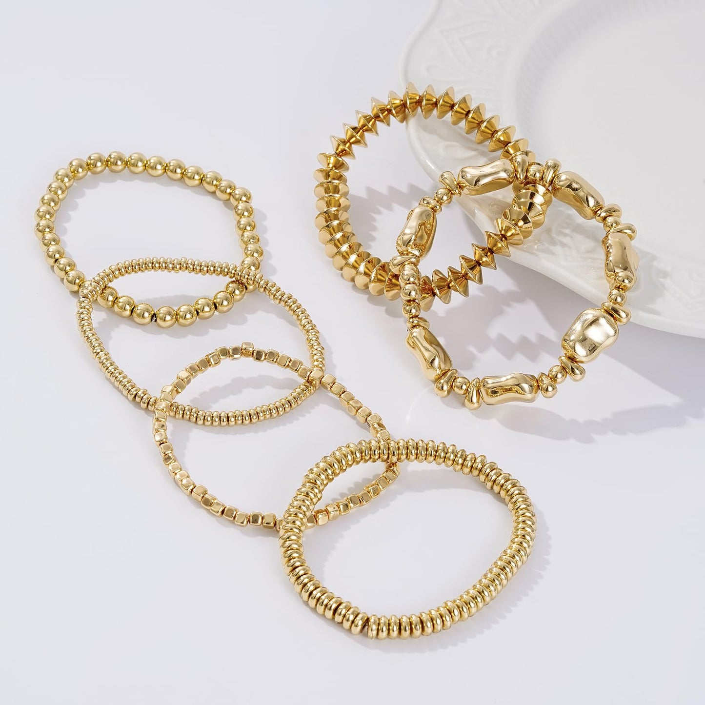 Sajidos Gold Plated Beaded Bracelets for Women Trendy, 14K Gold Plated Stack Cross Pearl Bead Stretch Bracelets Set Elastic Hypoallergenic Bracelets Jewelry Gifts (style8)
