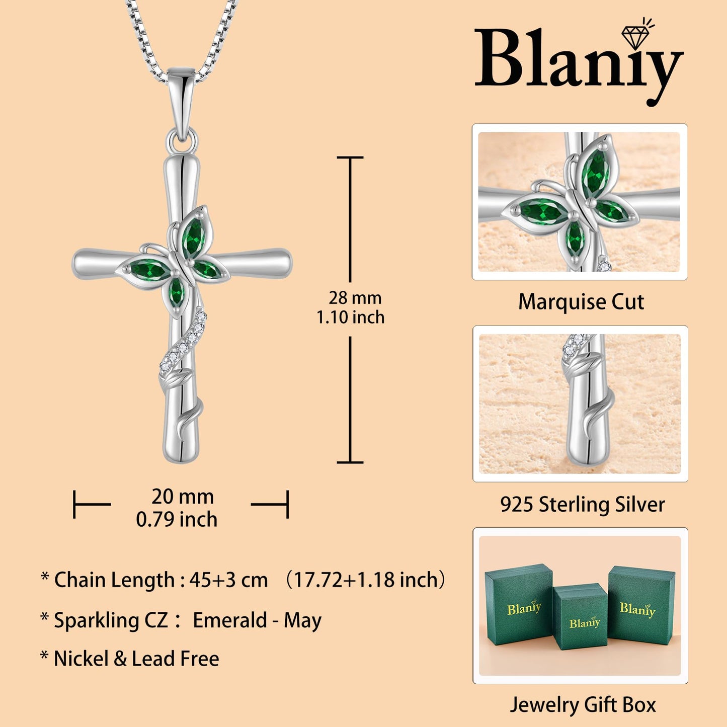 Blaniy Cross Necklace for Women 925 Sterling Silver Butterfly Necklace Emerald Pendant Necklaces May Birthstone Jewelry Gifts for Women