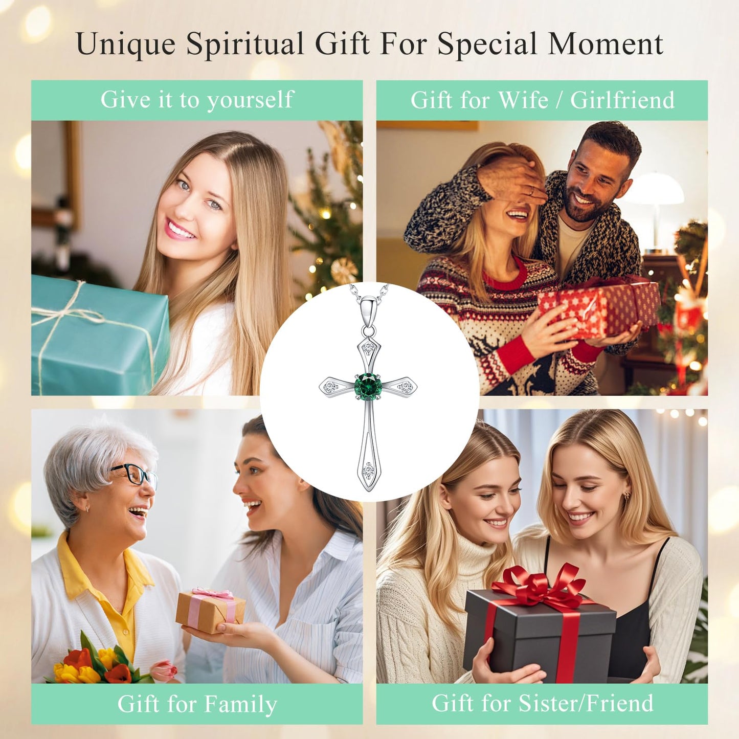 Cross Necklace for Women ,925 Sterling Silver Emerald-May Birthstone Necklace Cross Pendant 5A CZ 12 Birth Months Faith Religious Fine Jewelry Valentines Birthday Holiday Gifts for Her Wife Mom