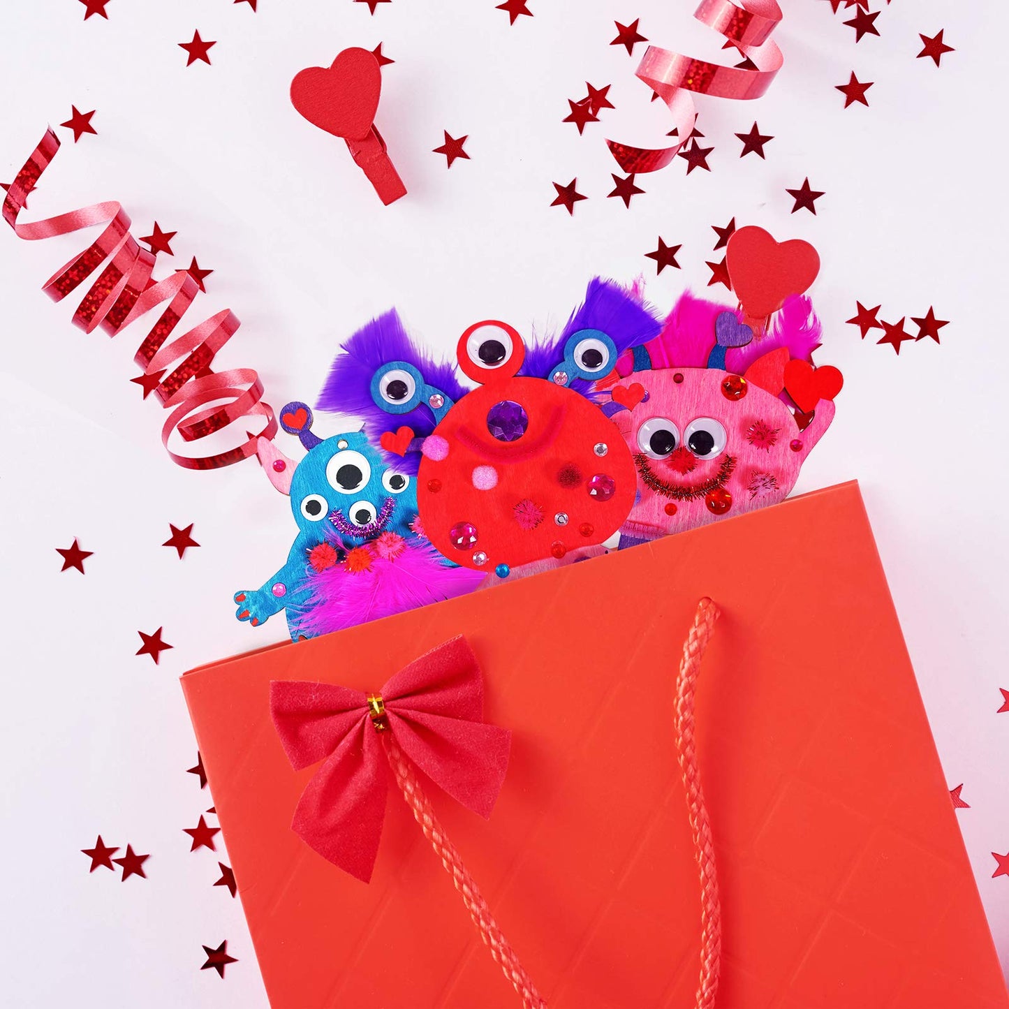 36 Sets Valentine's Day Craft Kits DIY Valentine Monster Wood Ornaments Decorations Art Sets Assorted Paintable Unfinished Wood Monster Cutouts Pom-Poms Googly Eyes for Kids Valentine Party Activity