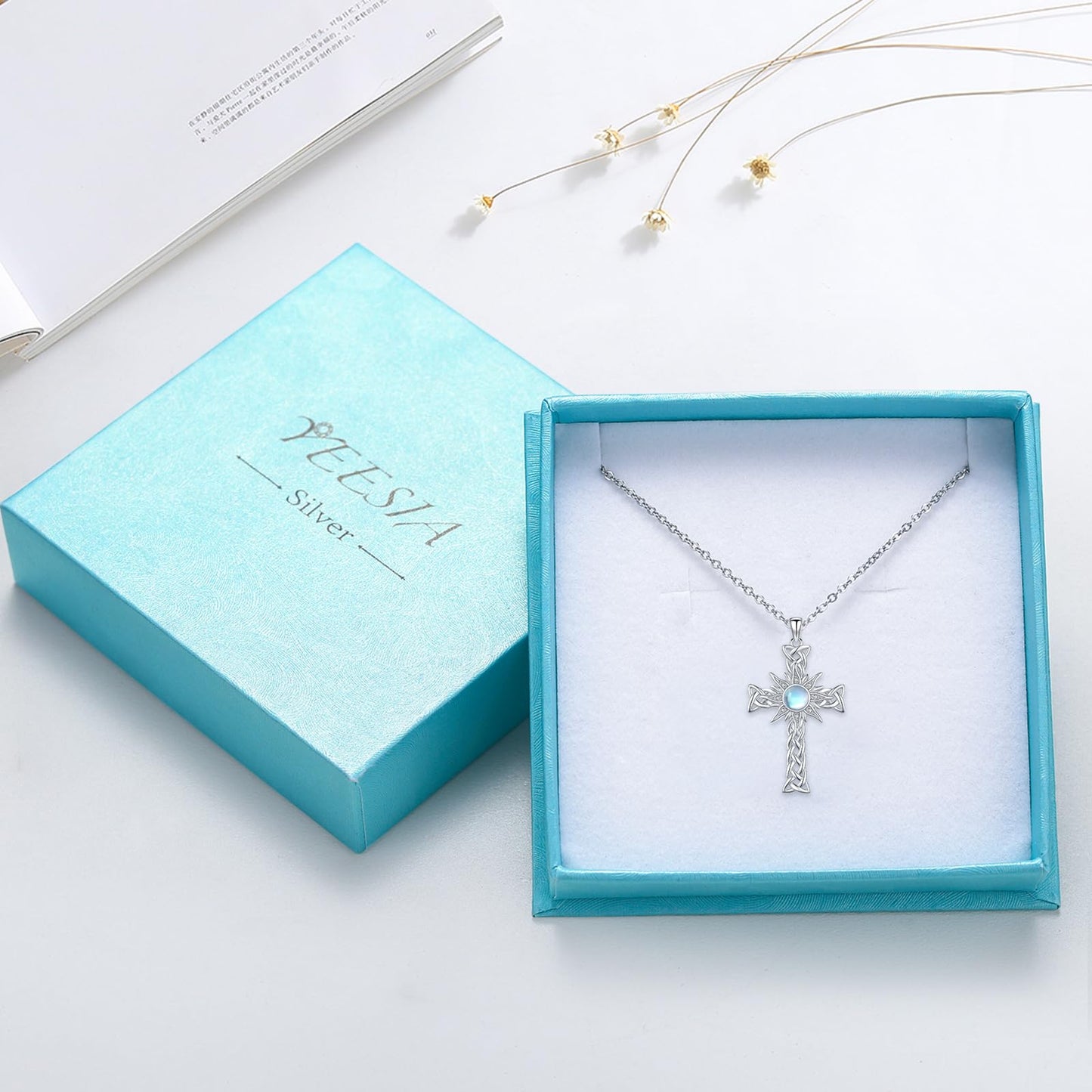 YEESIA Cross Necklace for Women 925 Sterling Silver Sun Crucifix Pendant Necklace Moonstone Celtic Cross Jewelry Mothers Day Gifts for Women Wife Sister