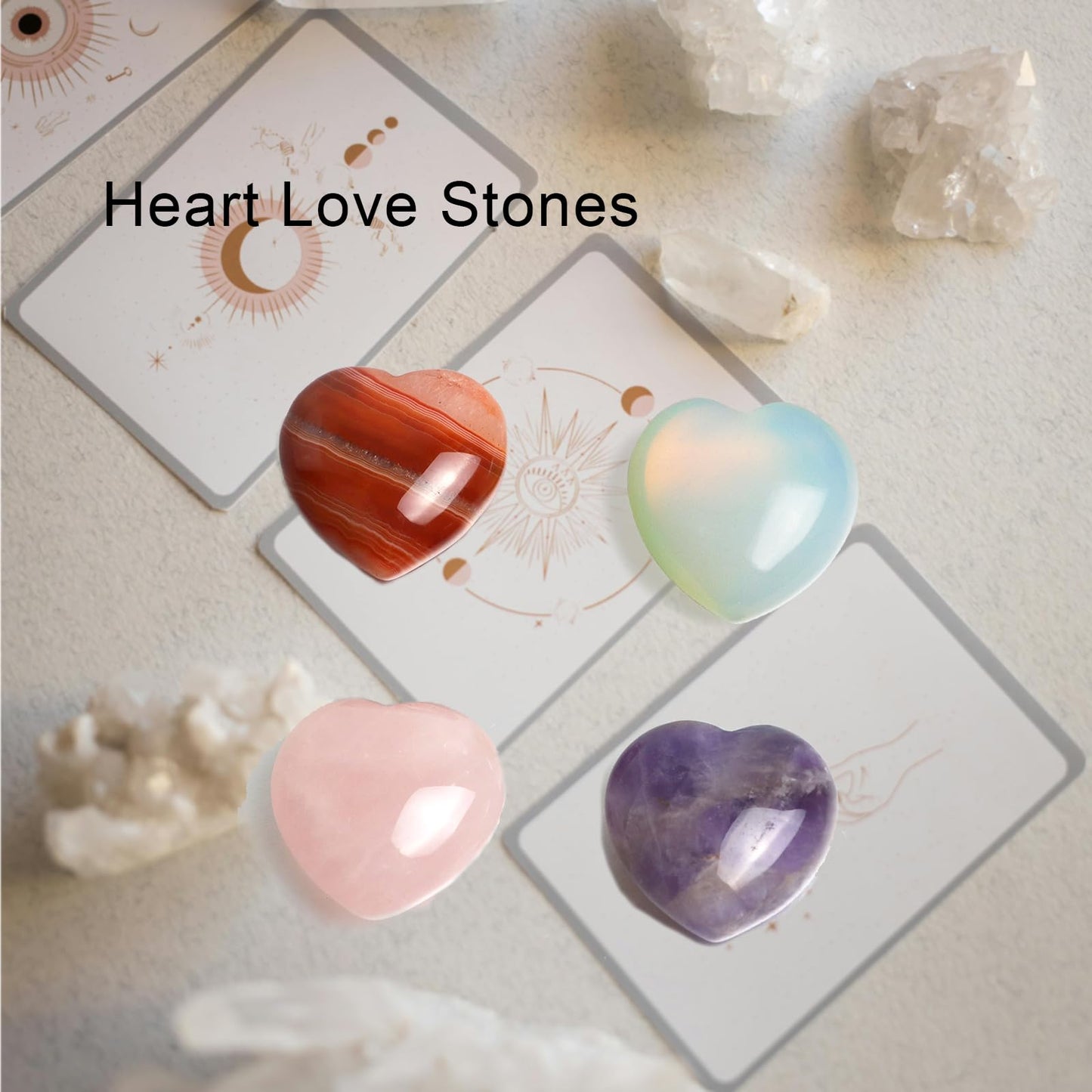 4Pcs Healing Crystals and Heart Stones, Amethyst Rose Quartz Opal Agate Crystal Set Bulk, Polished Love Worry Stones Palm Pocket Stone Reiki Meditation 1.2" Pink Heart Anxiety Relief Gifts for Women