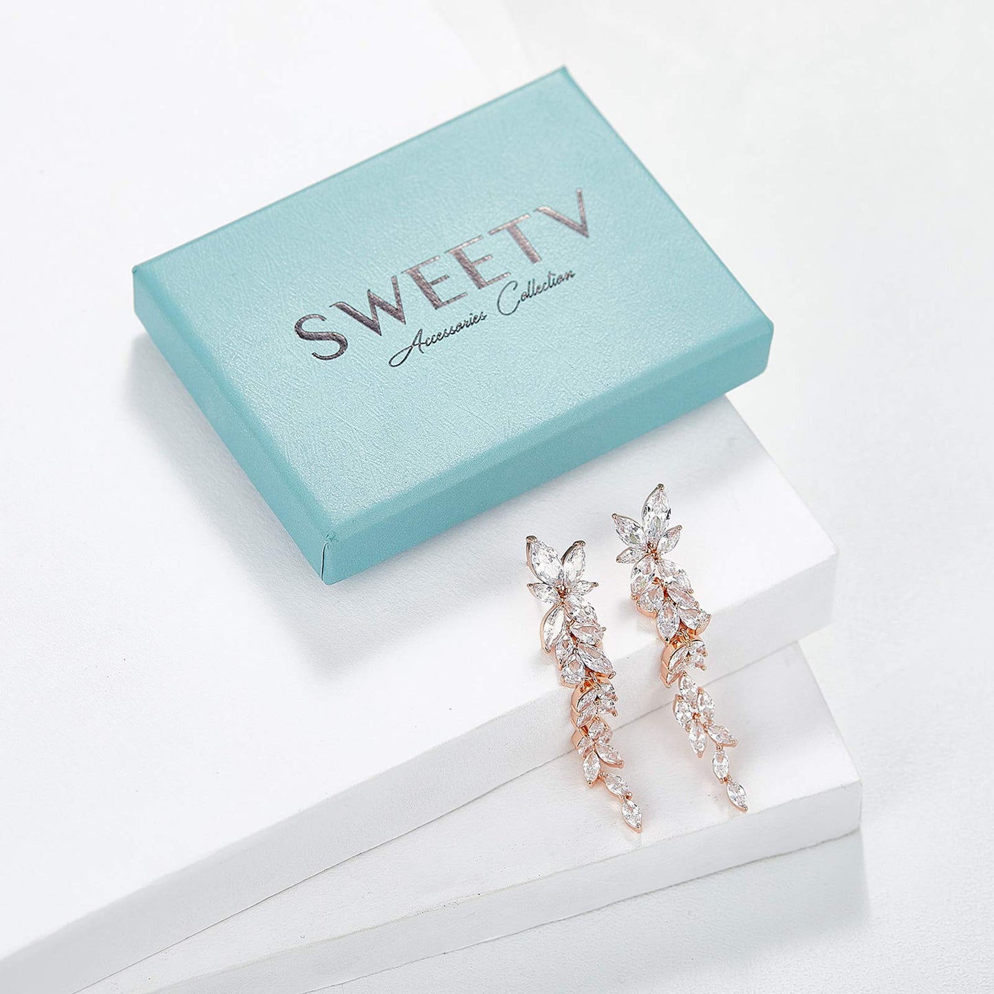 SWEETV Rose Gold Marquise Cubic Zirconia Wedding Earrings for Women Brides, Crystal Chandelier Bridal Drop Earrings for Prom Pageant