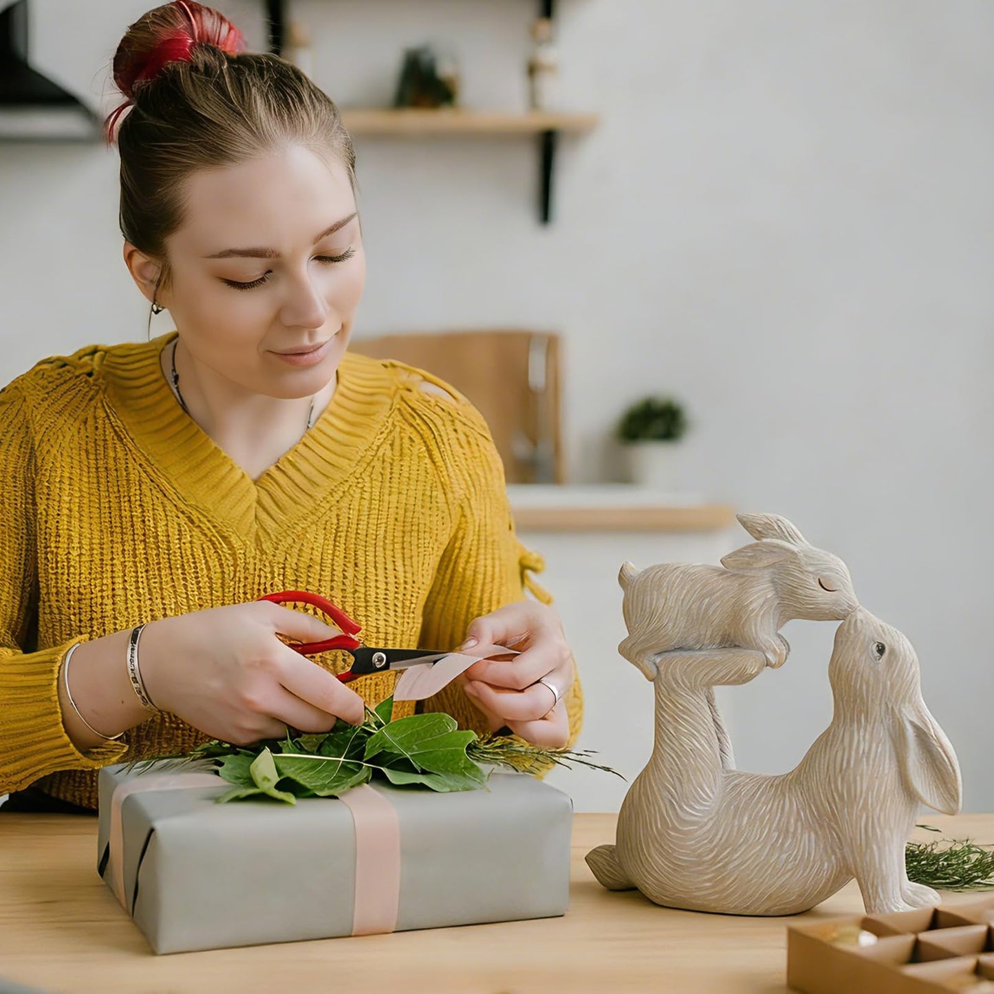 Braxio Rabbit Decor for Home Garden – Kissing Bunny Statue, Living Room, Bookshelf, or Patio Decor, Resin Figurine for Animal Lovers, 6.3" L x 2.6" W x 7.9" H