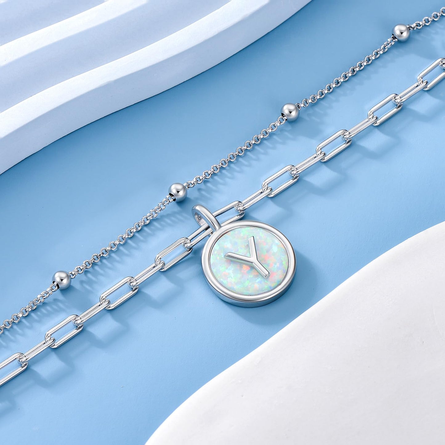 LWQQWL Initial Y Bracelet for Women 925 Sterling Silver Layered Initial Bracelet Opal Letter 26 Alphabet Jewelry Christmas Gifts