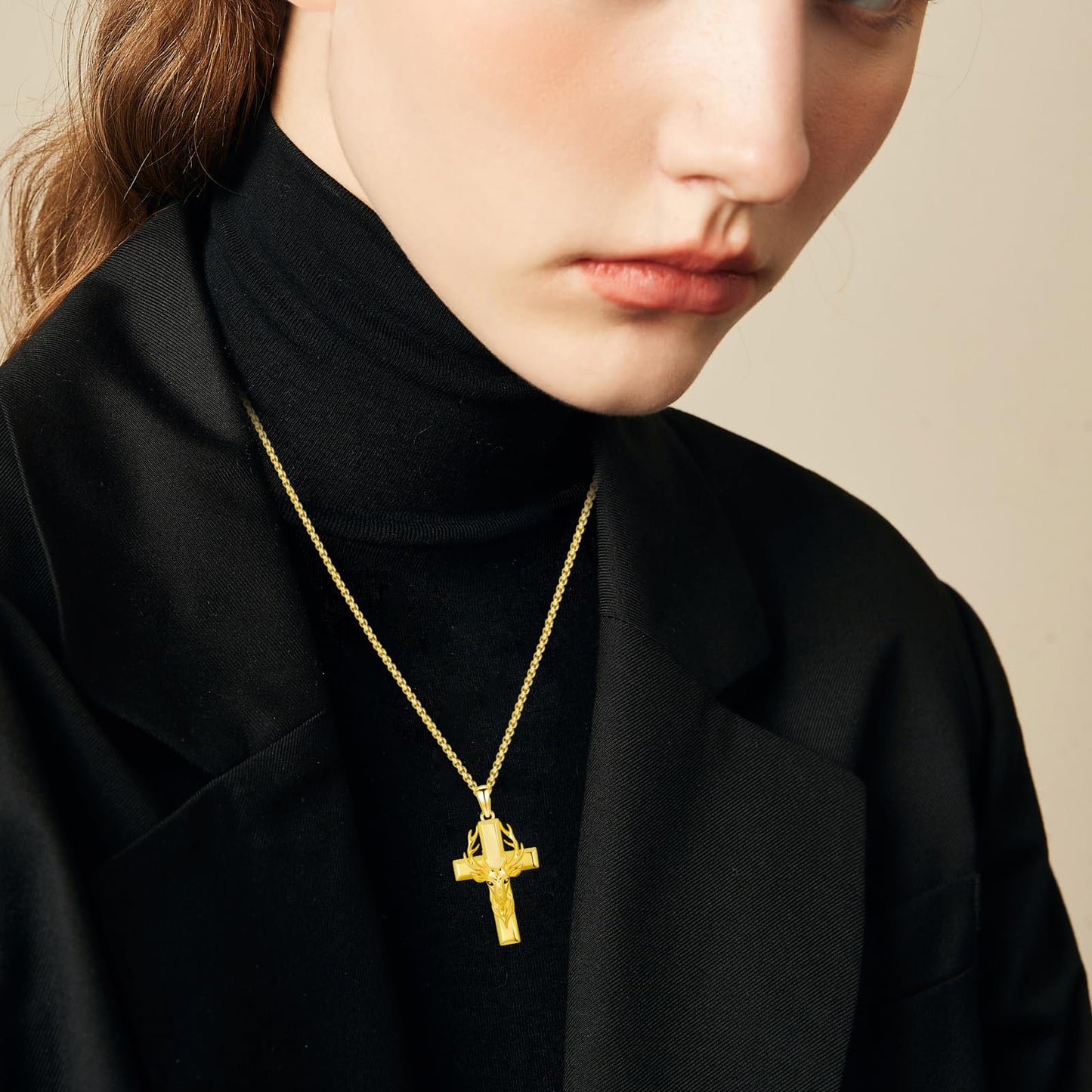 YEESIA Cross Necklace for Men Women, 925 Sterling Silver Gold Deer Cross Pendant Necklace, Christian Jewelry for Men Women