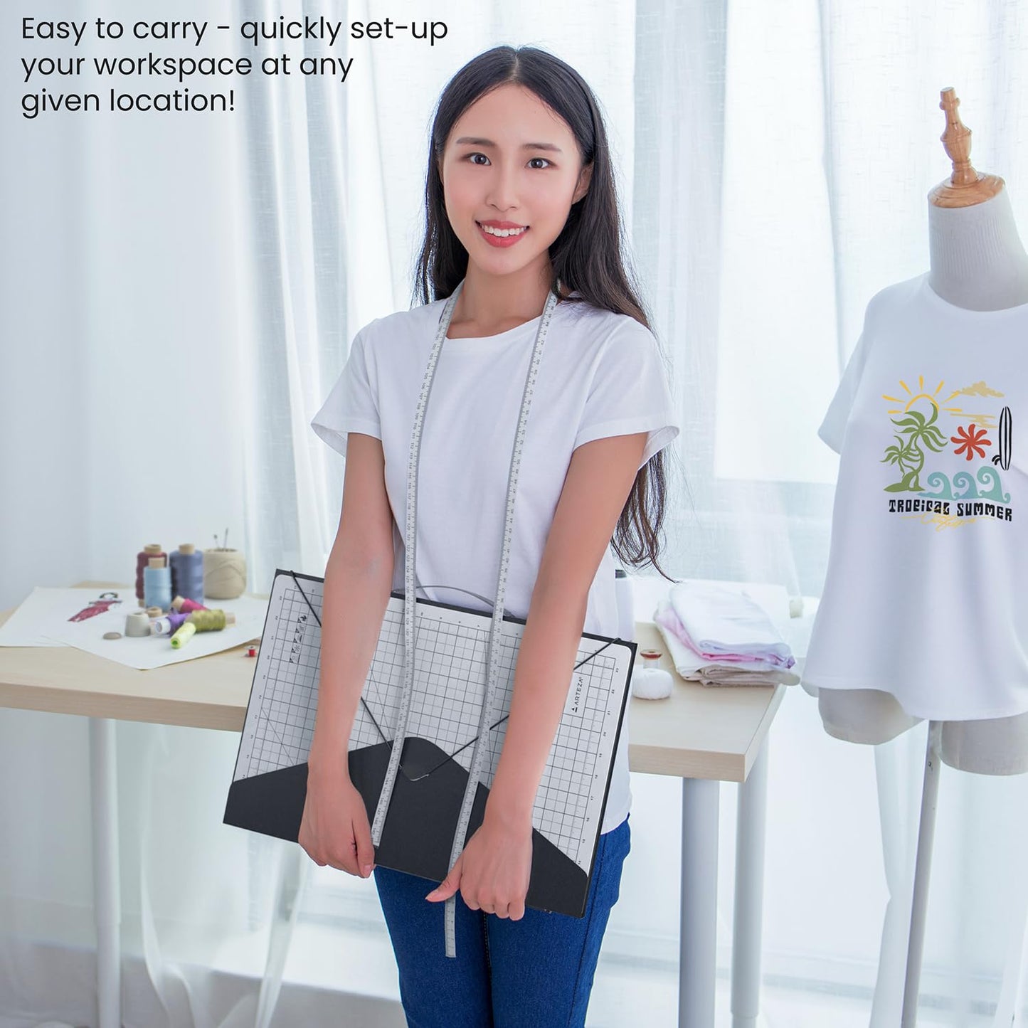 ARTEZA Fold & Stow Multifunctional Cutting Mat Set, 18x24 Inch, Self-Healing, Anti-Slip, with Detachable Ironing Pad, T-Shirt Alignment Rulers, and Tape Measure