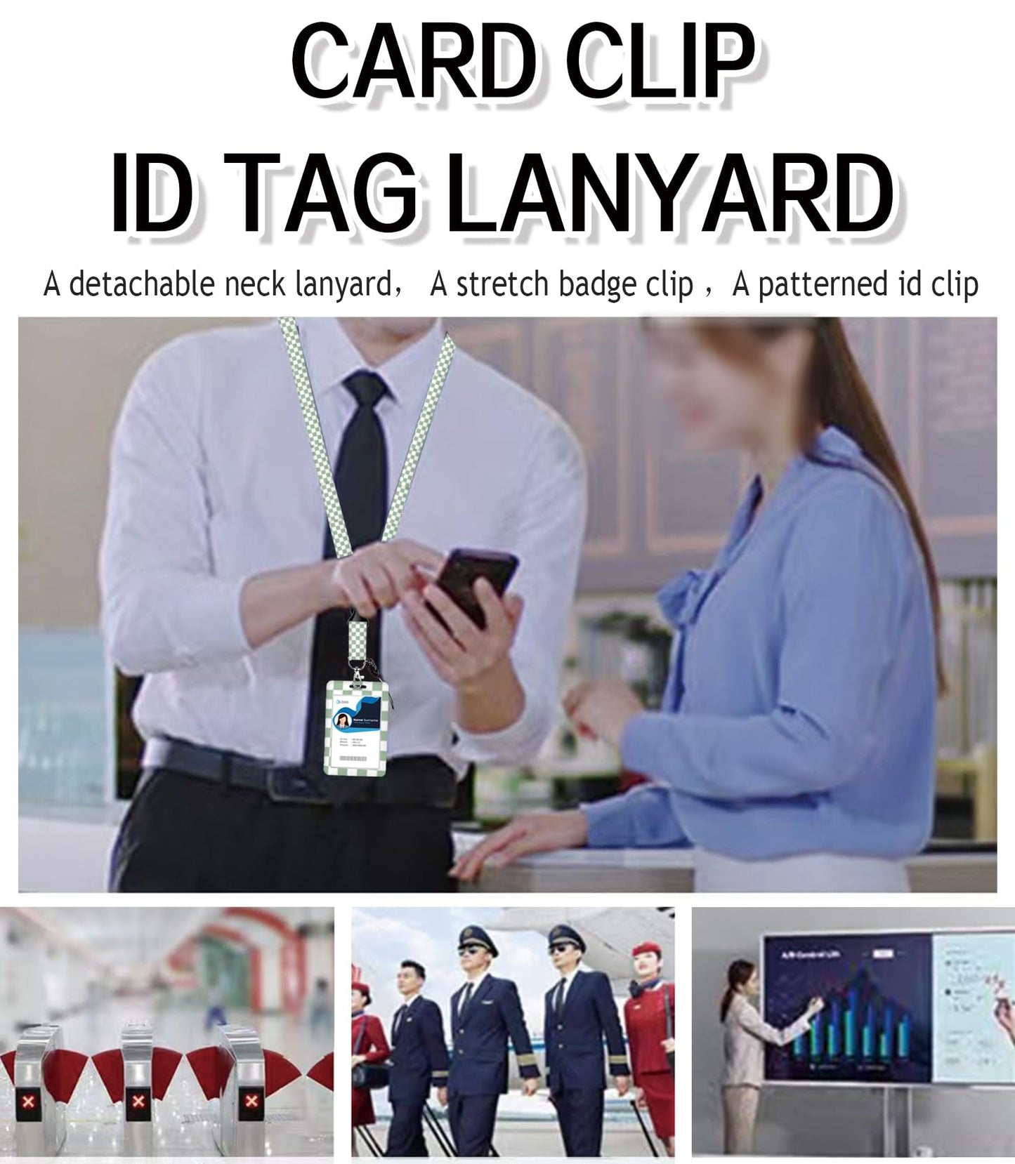 ID Badge Holder with Retractable Lanyard and Keychain, Badge Reel with Rotate Carabiner Clip,Cute Green Checkered Card Name Tag Lanyard ID Protector Bage Clips for Student, Women, Office