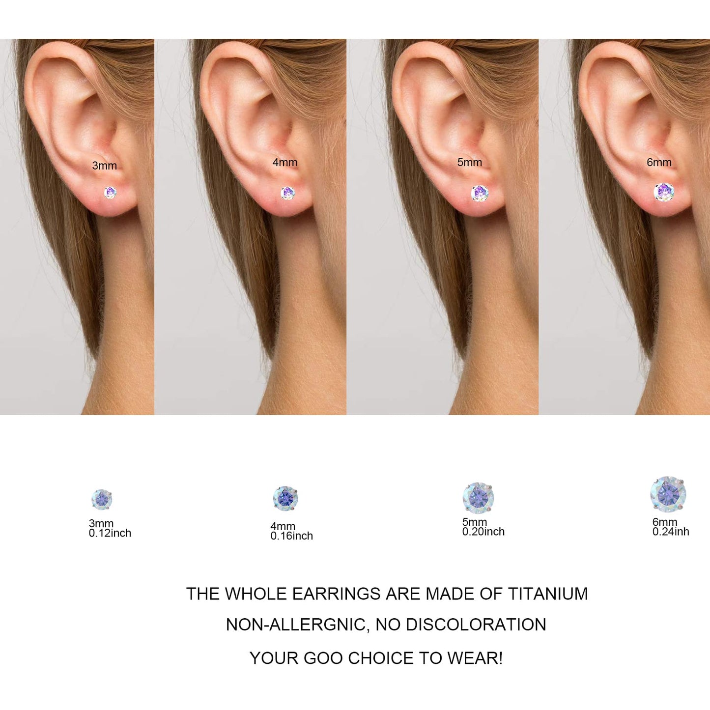 1 Pair Implant Grade Titanium Stud Earrings Set Hypoallergenic 3mm 4mm 5mm 6mm Cubic Zirconia G23 Titanium Earring Studs for Women Men for Sensitive Ear (4mm Aurora)