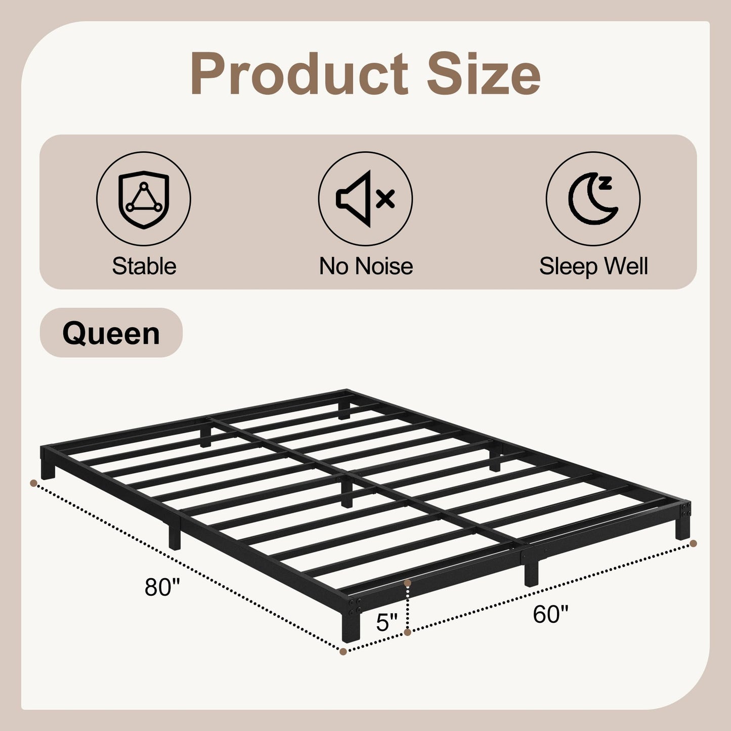 Cieemine 5 Inch Low Queen Bed Frame, Heavy Duty Bed Frame Queen Size Low Profile, No Box Spring Needed, Easy Assembly, Noise Free, Black