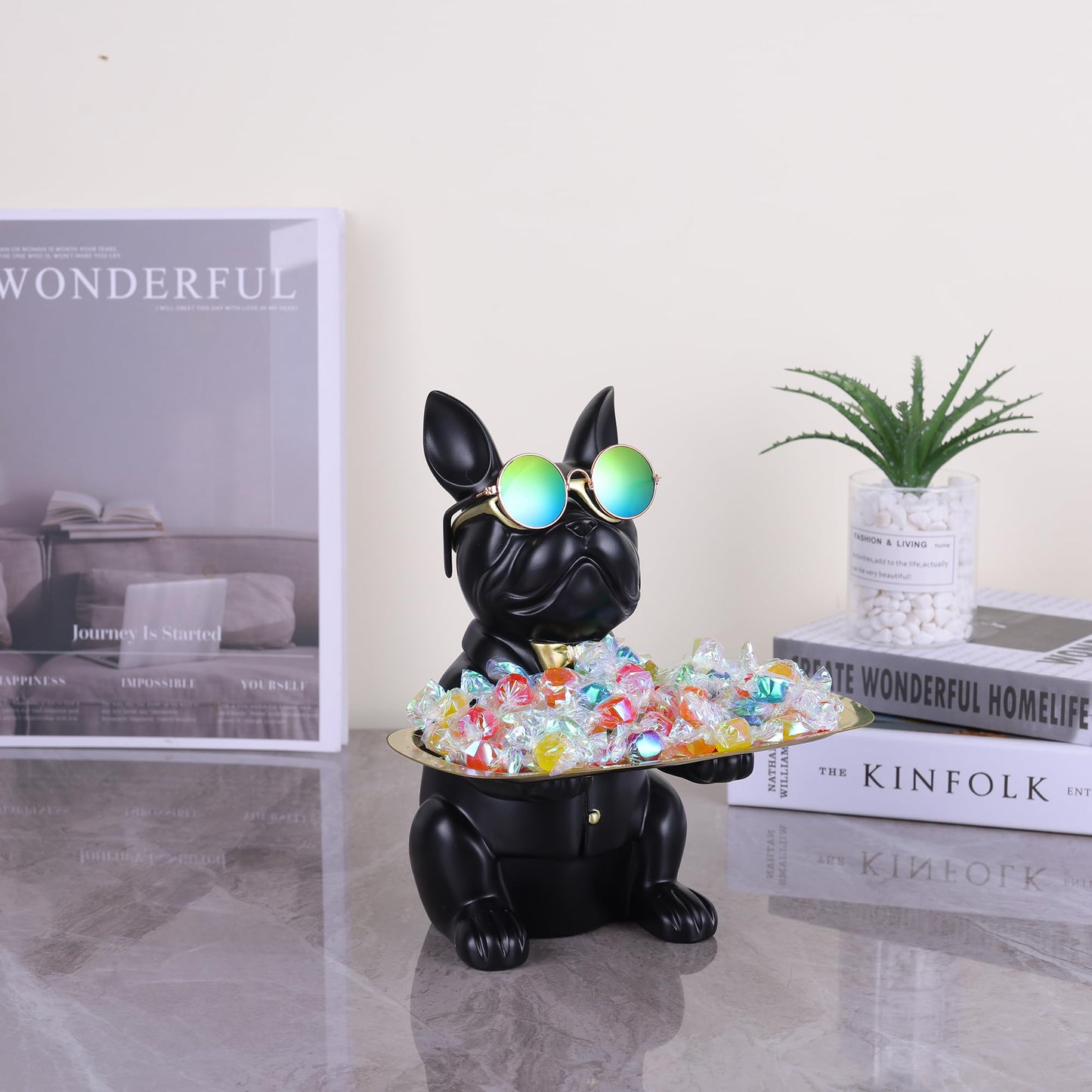 suruim French Bulldog Gifts Key Holder Candy Dish Tray Home Decor Resin Butler Statue Key Bowl Entryway Table Frenchie Dog Sculpture Dining Table Decor Office Small Object Tray (Black)