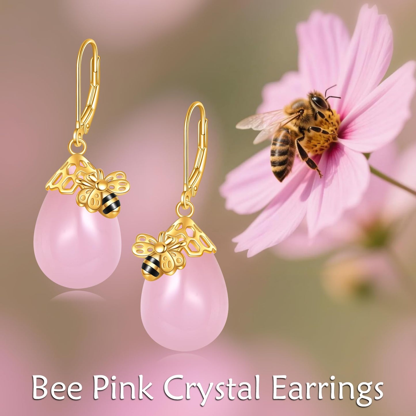 TIGERRIDER Pink Bee 925 Sterling Silver French Clasp Earrings Rose quartz Pendant Jewelry Gift for Women