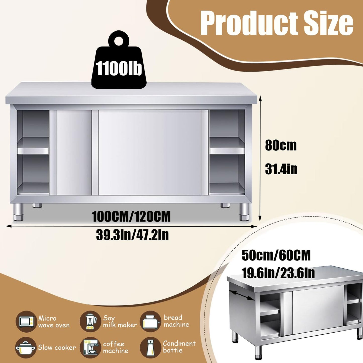 YTALUTTNIE Stainless Steel Work Table with Cabinet, Commercial Kitchen Large Space Storage Prep Table, Heavy Duty Stainless Steel worktable with Shelves for Kitchen Outdoor (no shelf, 100*50*80cm)