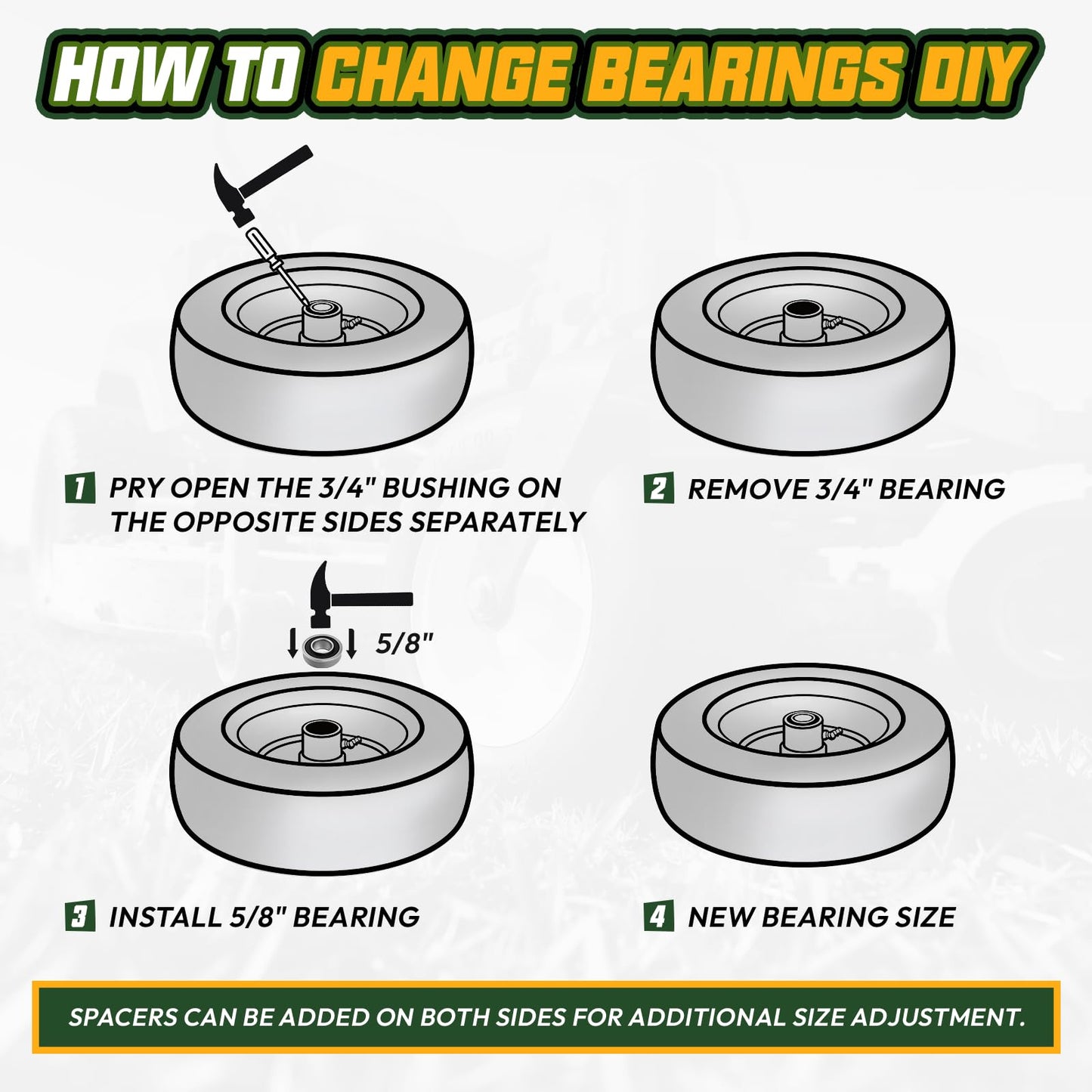 QILINGLORY 13x6.50-6 Flat Free Lawn Mower Tires and Wheel with 3/4" bearing bore Flat-Free, with 5/8” Bearings & Spacers, Fits Riding Mower, Zero Turn, Garden Tractor, 500 lbs Capacity, 2-Pack