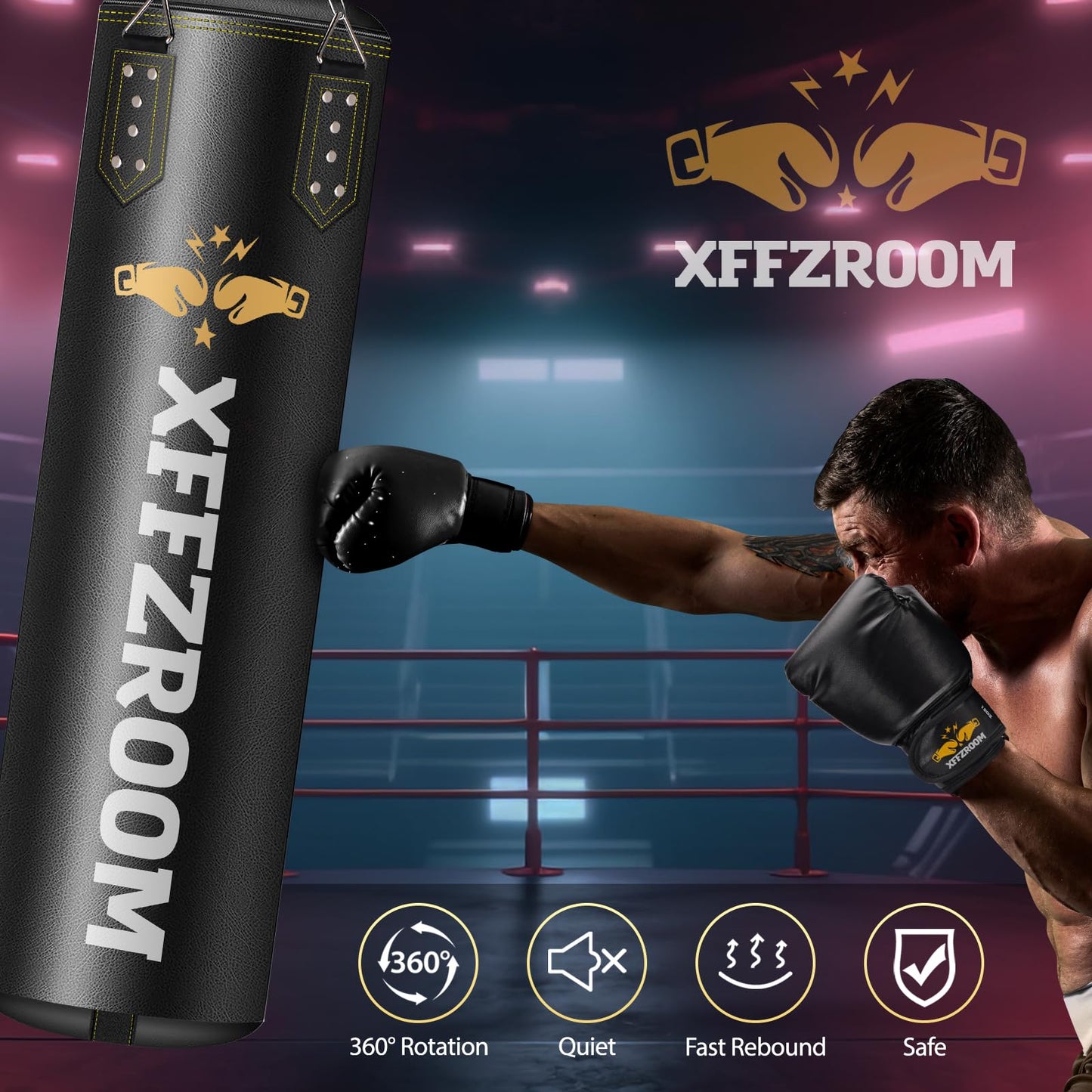 xffzroom Punching Bag for Adults, 4ft PU Leather 6 in 1 Heavy Boxing Bag Set, Punching Bag with 12oz Boxing Gloves, Hand Wraps, Hanging Bag for MMA Karate Kickboxing Muay Thai Boxing Home - Unfilled