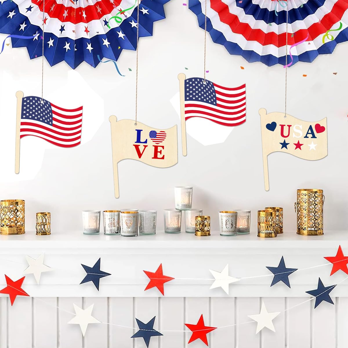 30 Pcs 4 Inch Unfinished Wood Flag Cutouts DIY Crafts Wooden Flag Shaped Hanging Ornaments with Hole Hemp Ropes for Summer and July 4th Decor and Crafting