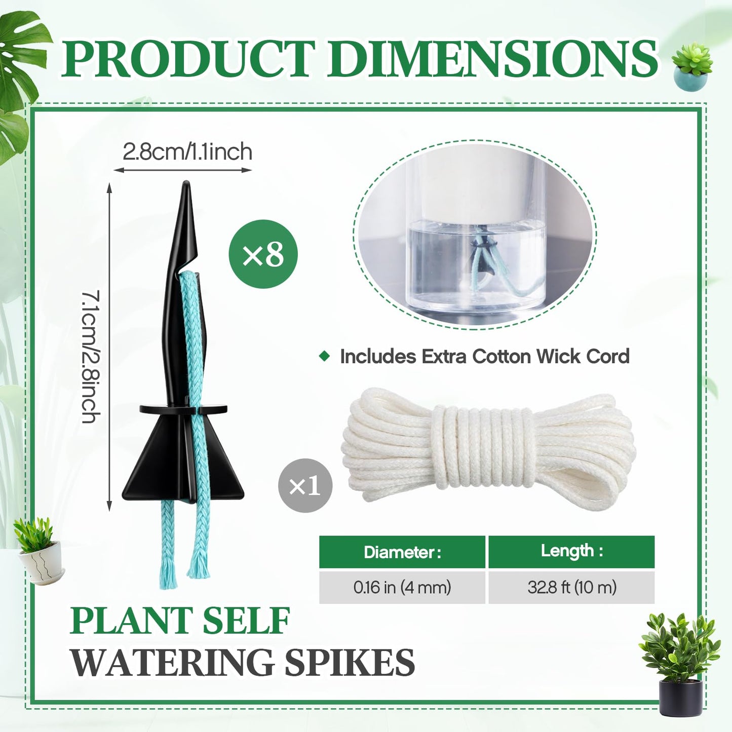 Singhoow 8 Pack Self Watering Spikes for Indoor Outdoor Plants, Automatic Plant Watering Stakes with 32.8ft Capillary Wick Rope, DIY Vacation Plant Waterer for Potted Plants, Seedlings, Garden Pots
