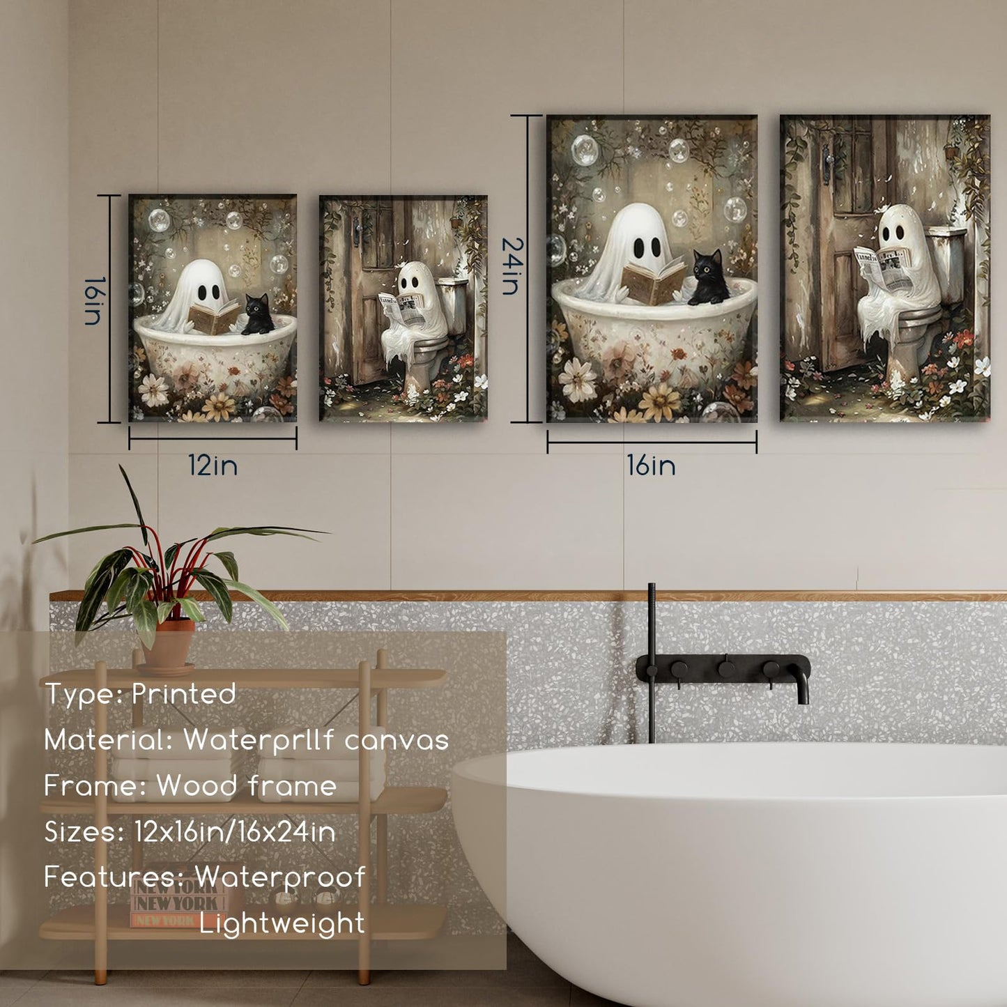 Framed Ghost Canvas Wall Art Set of 2 Cute Ghost Cat Reading in Bathtub Painting Rustic Whimsical Halloween Poster Picture Prints Décor for Bedroom Bathroom Restroom Spa 12x16 Inch