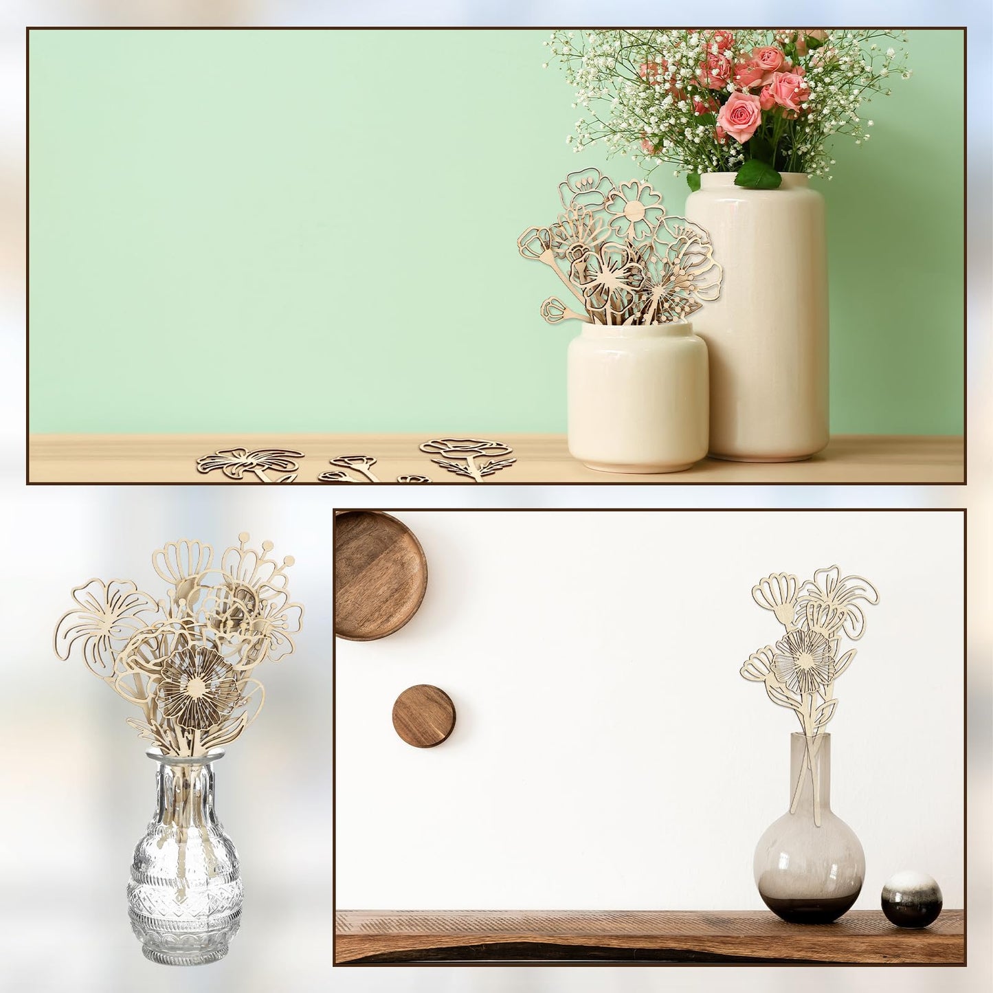 RattanView 36 Pcs Wooden Wildflower Decor Set Wood Flowers Cutout Signs Wildflowers Stems Laser Cut Flowers for Home Birthday Holiday Art DIY Decoration