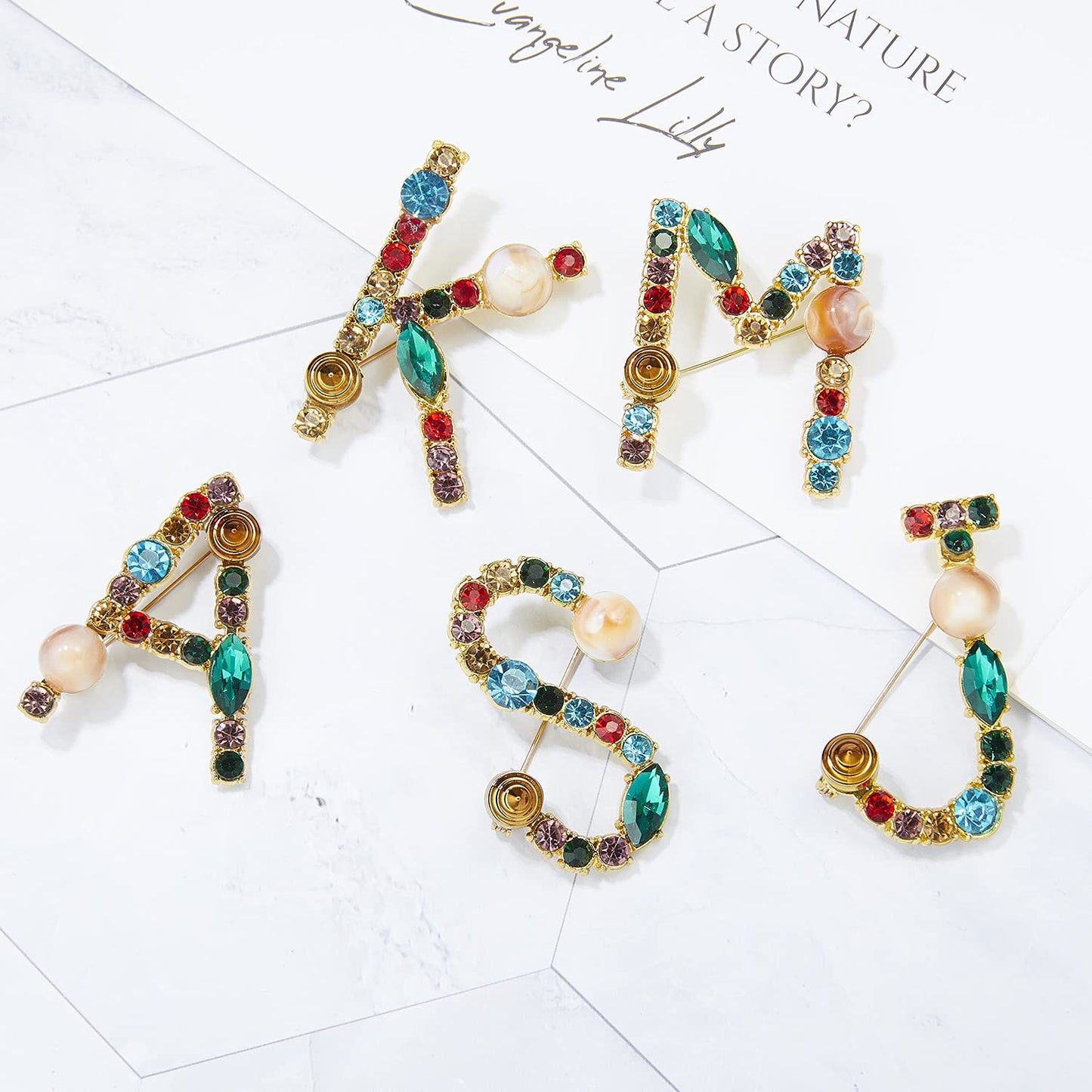 RINHOO Crystal Pearl Initial Brooch Gold Plated Enamel Colorful Letter Alphabet Breastpin Pin Jewelry for GIFTS (Gold M)