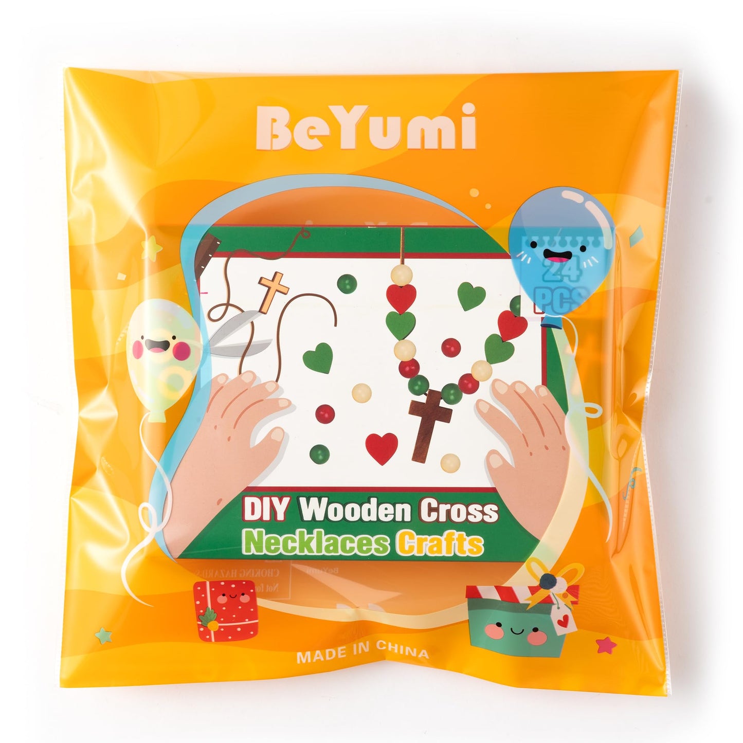 BeYumi Wooden Cross Necklace Craft - 24Pcs Christmas Wooden Cross Beads Necklace Craft Kit for Kids DIY Xmas Gift Christian Nativity Religious Jesus Decor Sunday School Classroom Party Fun Activities