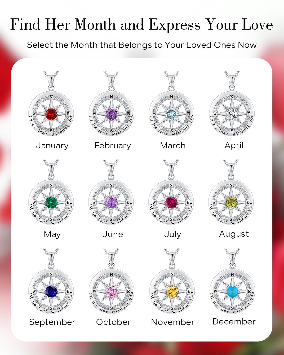 S925 Sterling Silver Necklace for Wife, Women Anniversary Year Gifts Compass Jewelry, Birthday Gift Ideas for Her Girlfriend Woman Necklaces, 18K White Gold January