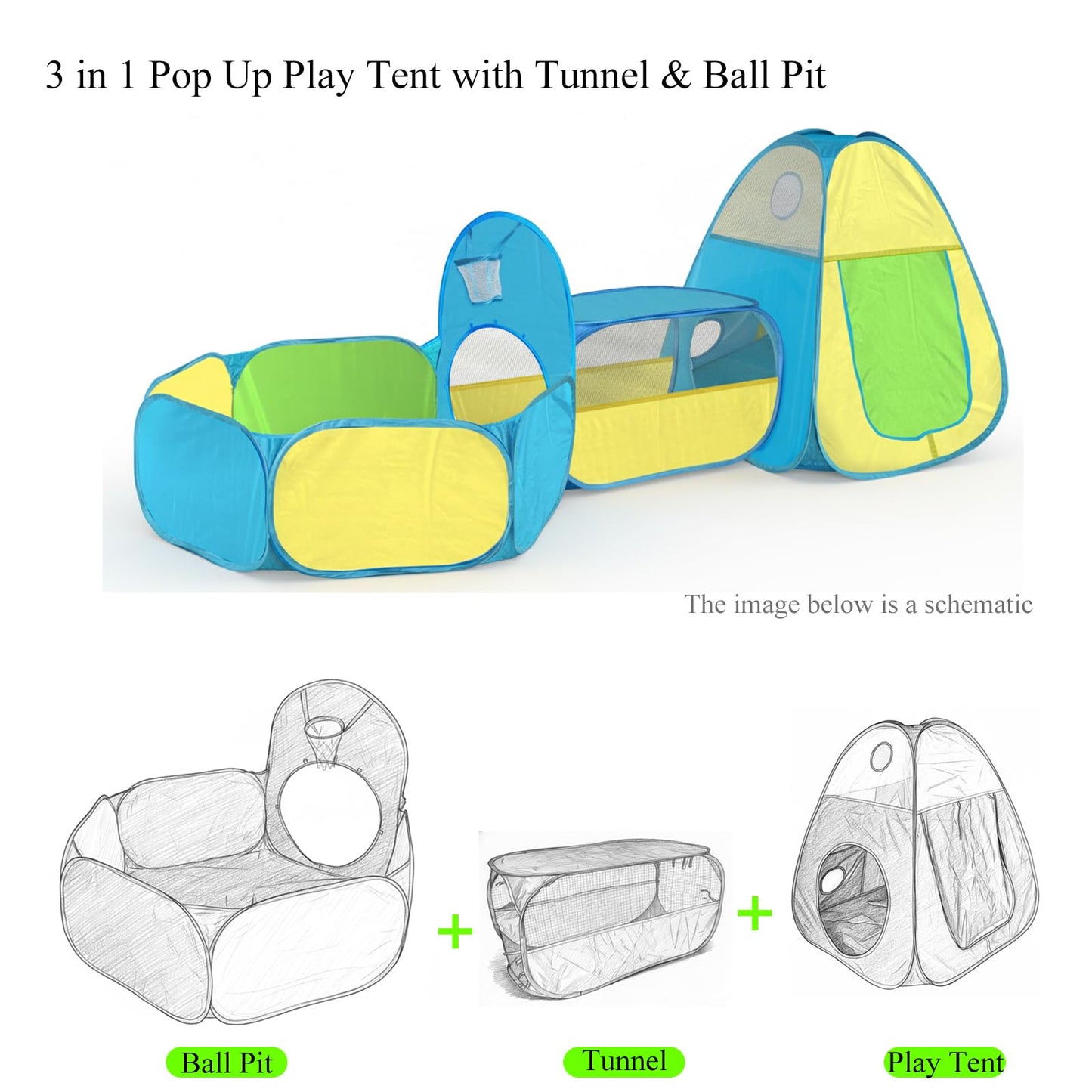 3 in 1 Kids Play Tent with Tunnel & Ball Pit,Pop Up Indoor/Outdoor Playhouse for Boys and Girls,Crawling Tunnel Toy with Fun Toss It Game Zone,Easy Setup Foldable Carry Bag (Balls Not Included)