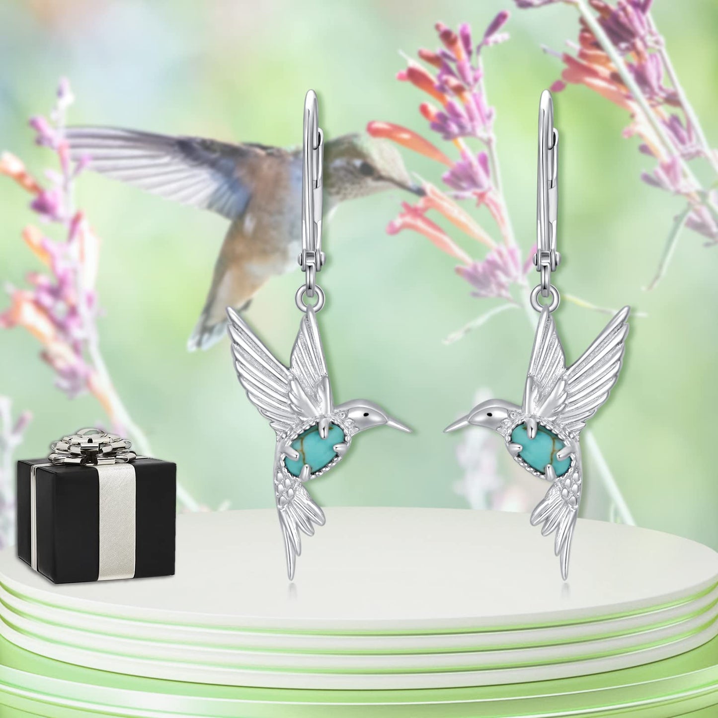 BETHZA Hummingbird Earrings 925 Sterling Silver Genuine Turquoise Hummingbirds Drop Dangle Earring Animal Jewelry Gifts for Women