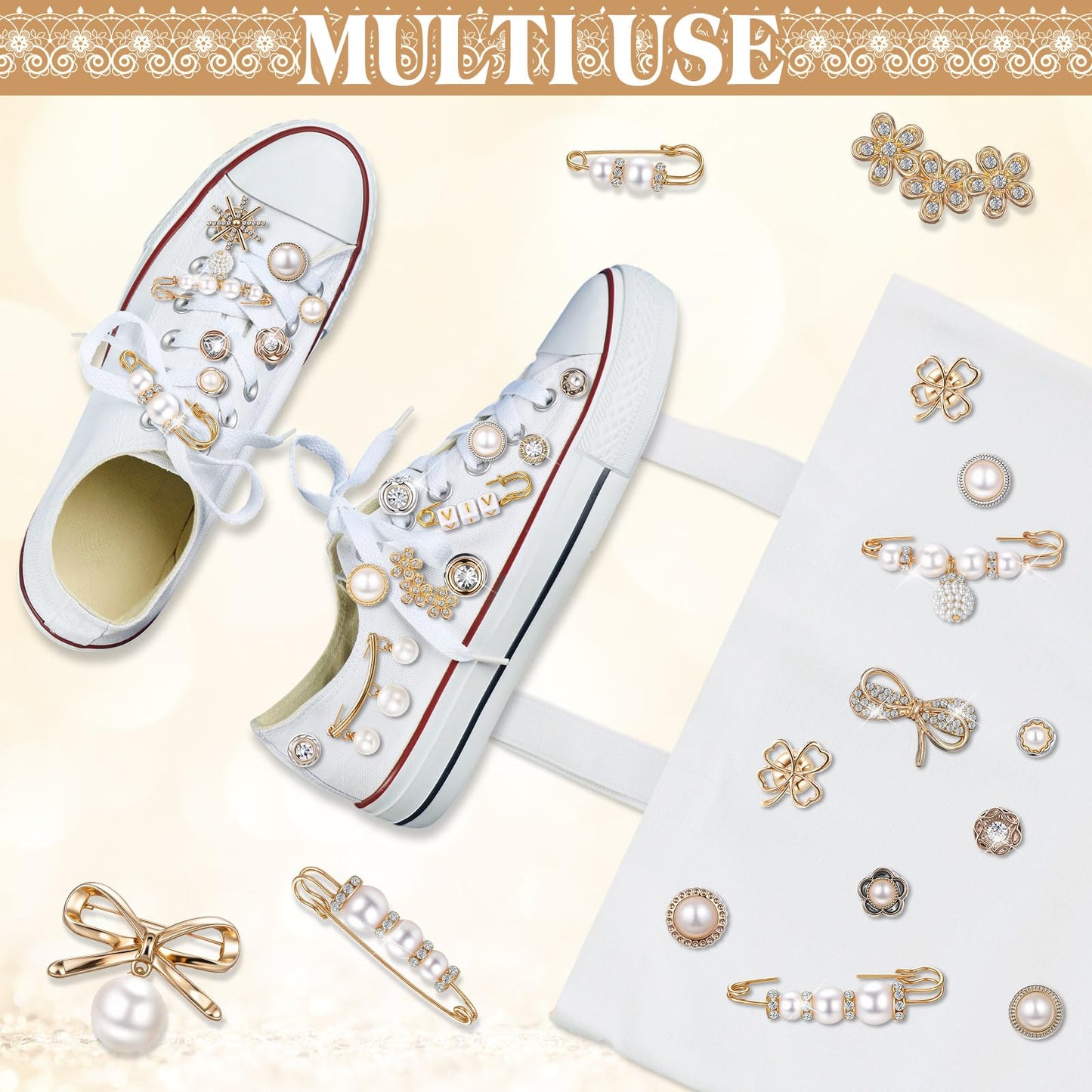 Janinka 348 Pcs DIY Junk Socks Charms Kit with Letter Beads, Gold Charm Safety Pin Brooch Pearl Rhinestone Jewelry Bulk Decorating Accessories for Women Socks Shoes Hat Clothes (Elegant Style)