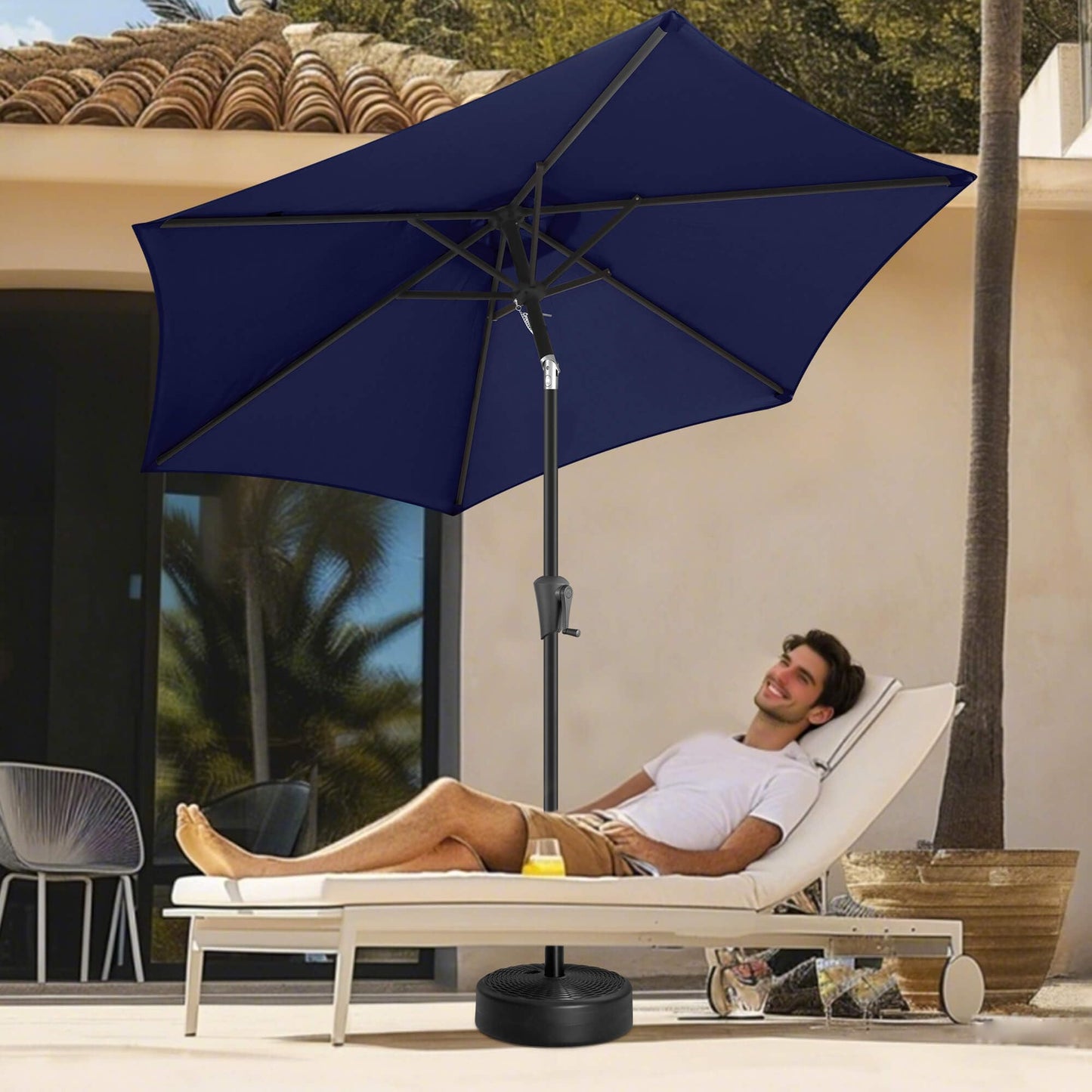 FLAME&SHADE 7.5 FT Solar Light Patio Umbrella, 24 LED Lights Outdoor Umbrella with Centre Surround Light, Table Umbrella Outdoor Patio for Deck, Pool, Backyard, Garden, UV Protection (Navy Blue)
